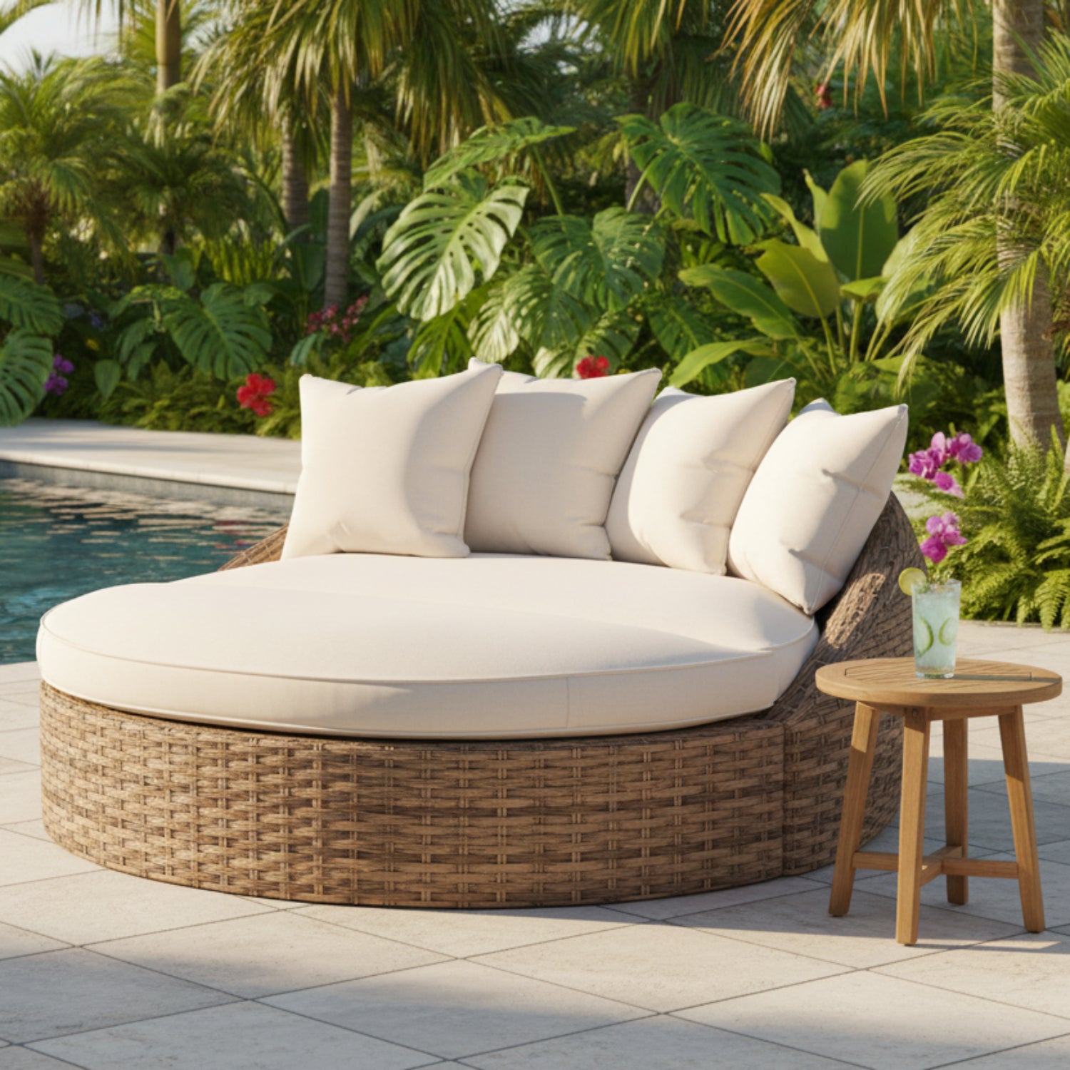 Sunset West Havana Canvas Flax w/Self Welt Round Outdoor Daybed