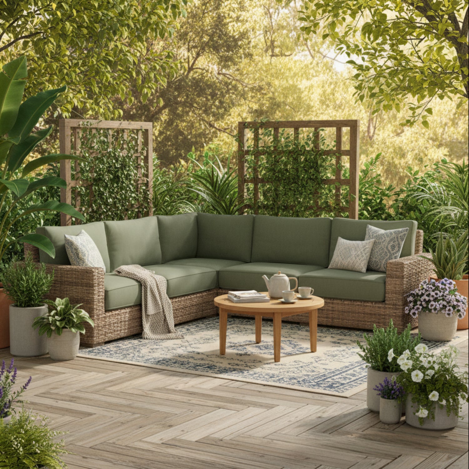 Sunset West Havana Cast Sage w/Self Welt Outdoor Sectional