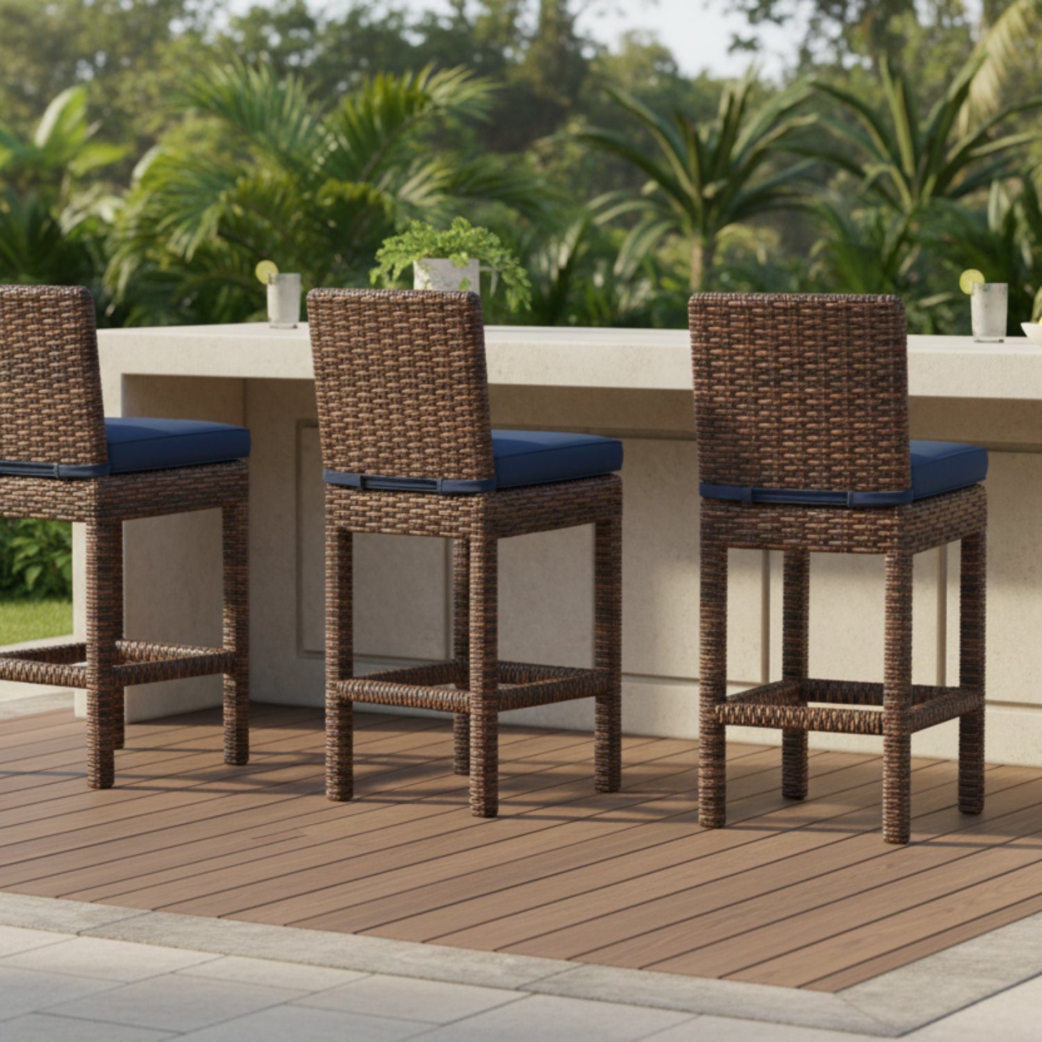 Sunset West Montecito Spectrum Indigo w/Self Welt Outdoor Barstool Set of 2