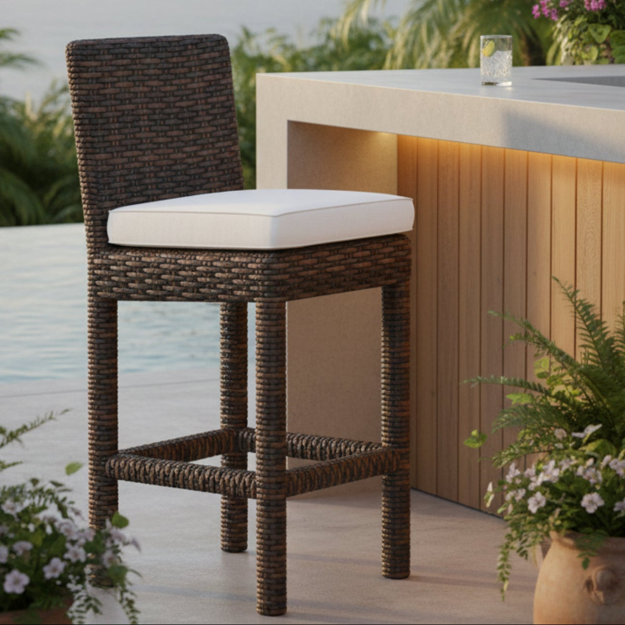 Sunset West Montecito Canvas Natural w/Self Welt Outdoor Barstool Set of 2