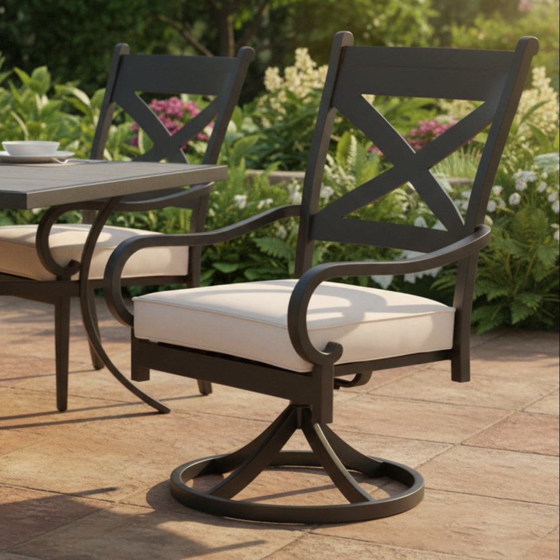 Sunset West Monterey Swivel Canvas Natural w/Self Welt Outdoor Swivel Dining Chair Set of 2