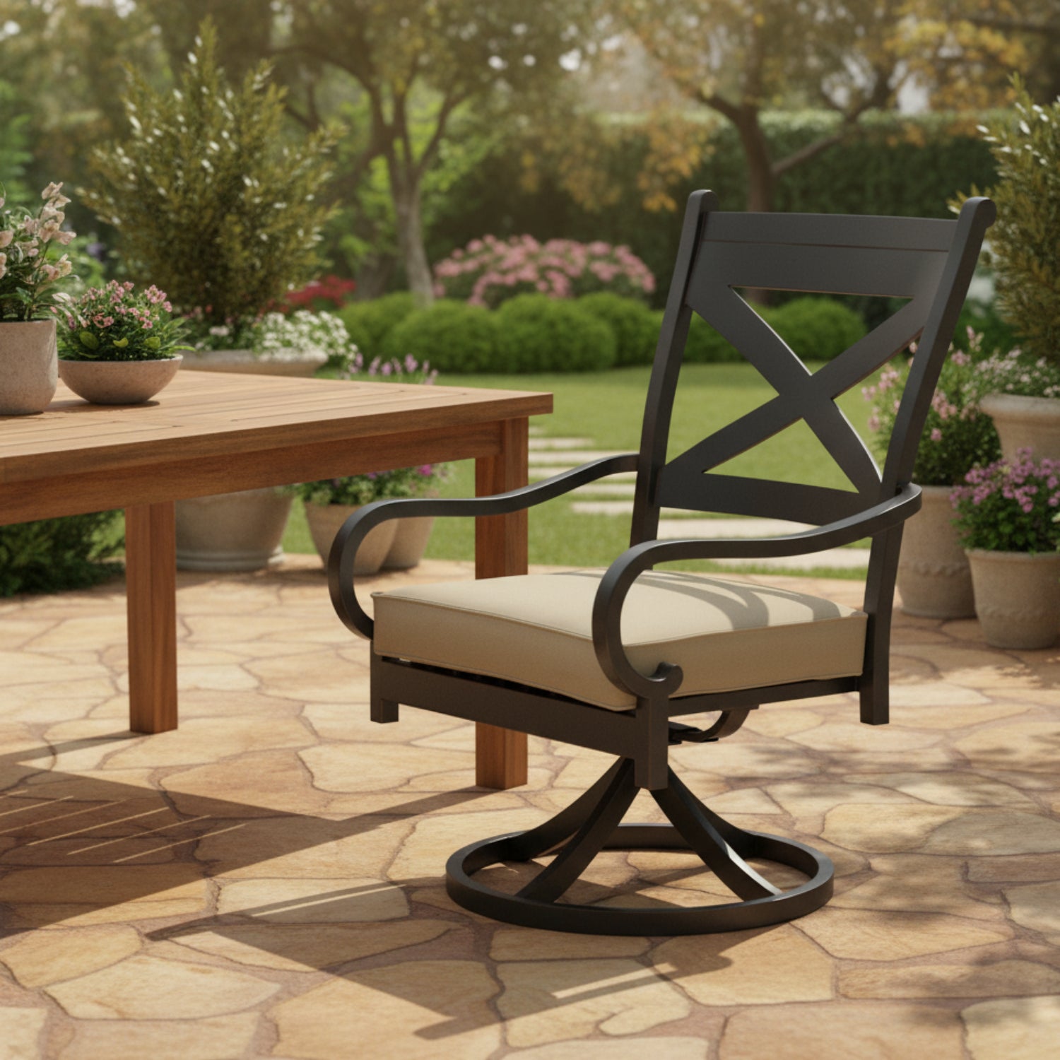 Sunset West Monterey Swivel Linen Stone w/Selt Welt Outdoor Swivel Dining Chair Set of 2
