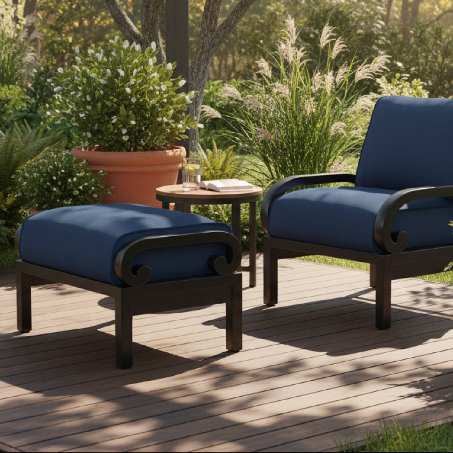 Sunset West Monterey Spectrum Indigo w/Self Welt Outdoor Ottoman