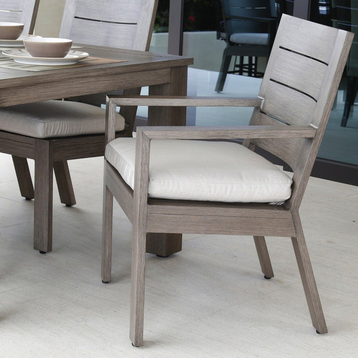 Sunset West Laguna Canvas Flax Outdoor Dining Chair Set of 2, Aluminum Brushed Driftwood Powdercoat, front view