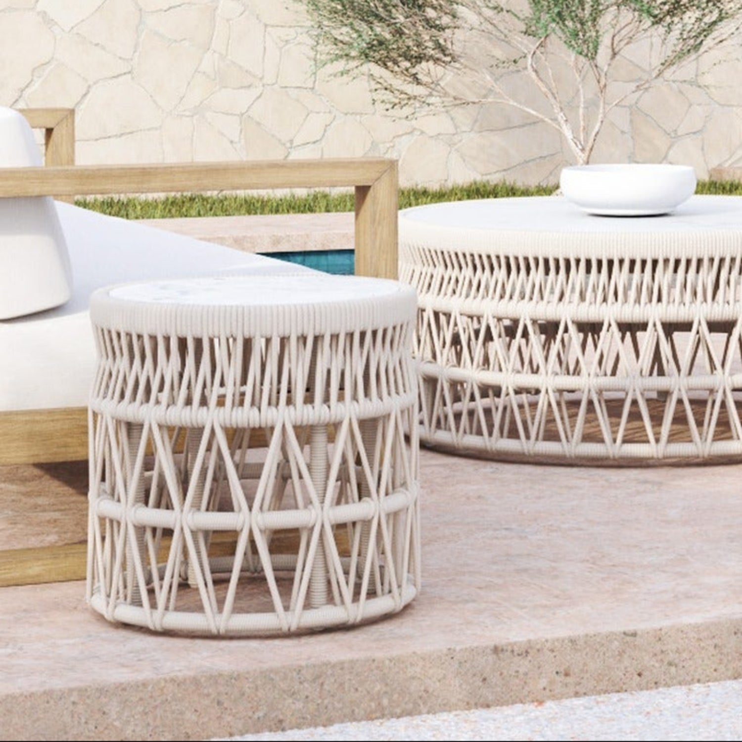 Sunset West Dana Honed Carrara Marble Top Outdoor End Table