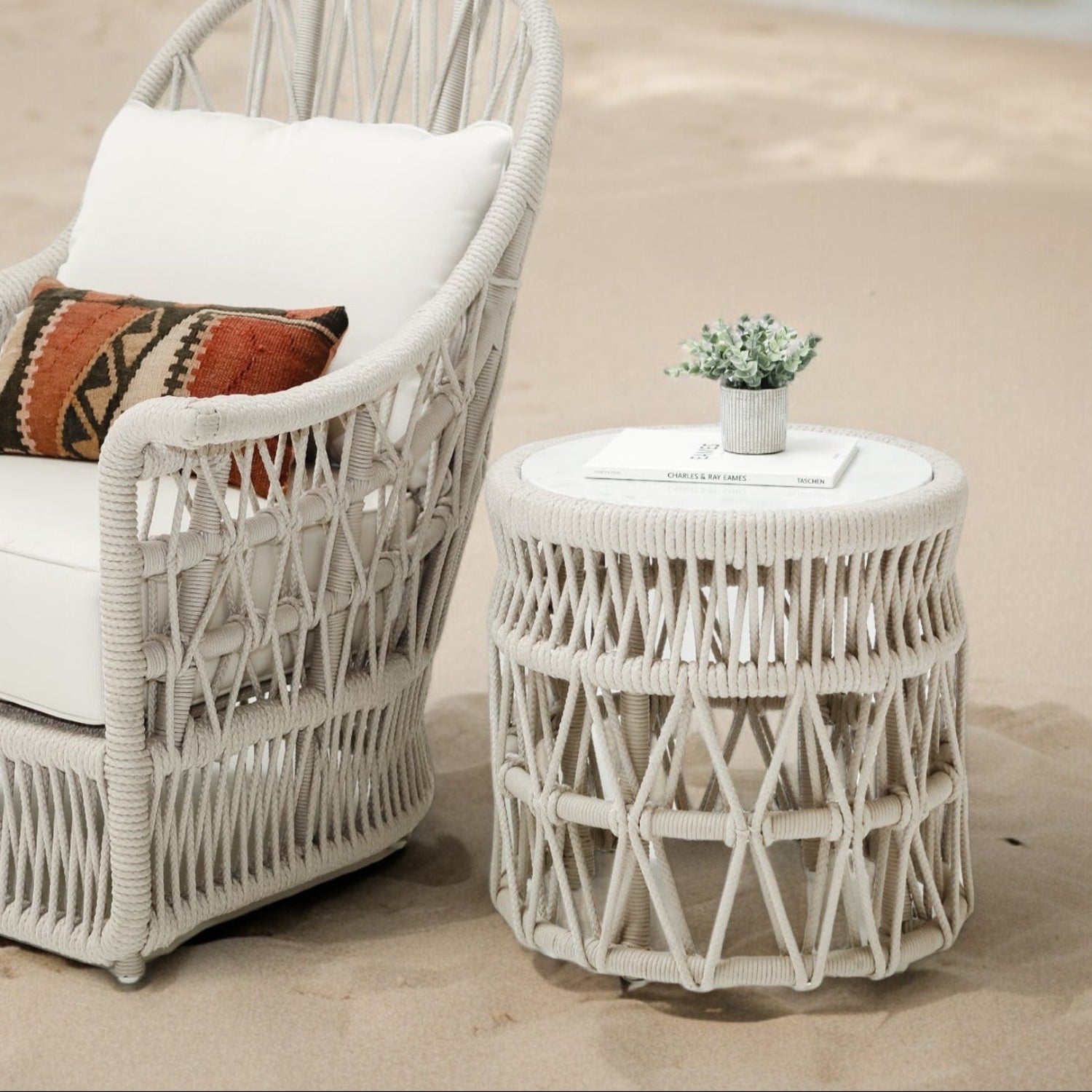 Sunset West Dana Honed Carrara Marble Top Outdoor End Table