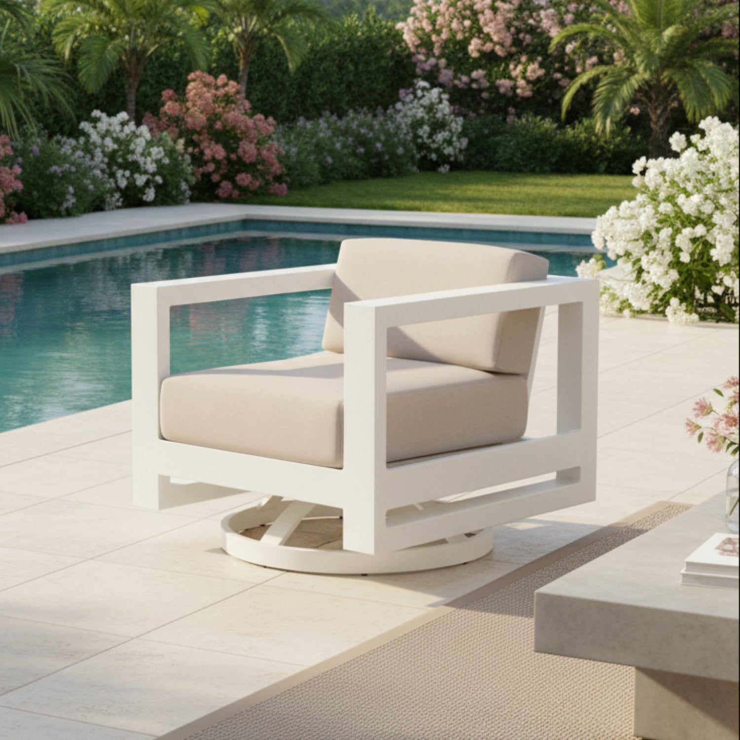 Sunset West Newport Canvas Natural Outdoor Swivel Club Chair