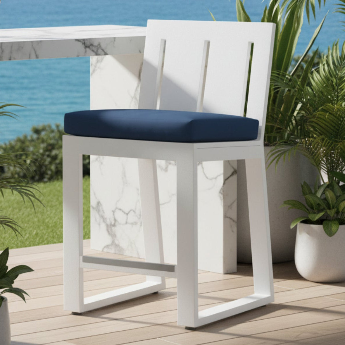 Sunset West Newport Spectrum Indigo Outdoor Barstool Set of 2, powder-coated aluminum bar stool, front view