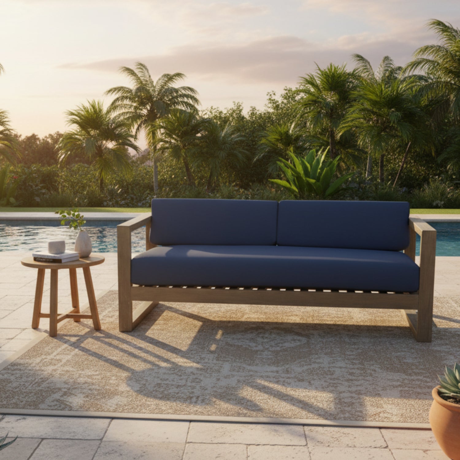 Sunset West Coastal Teak Spectrum Indigo Outdoor Sofa