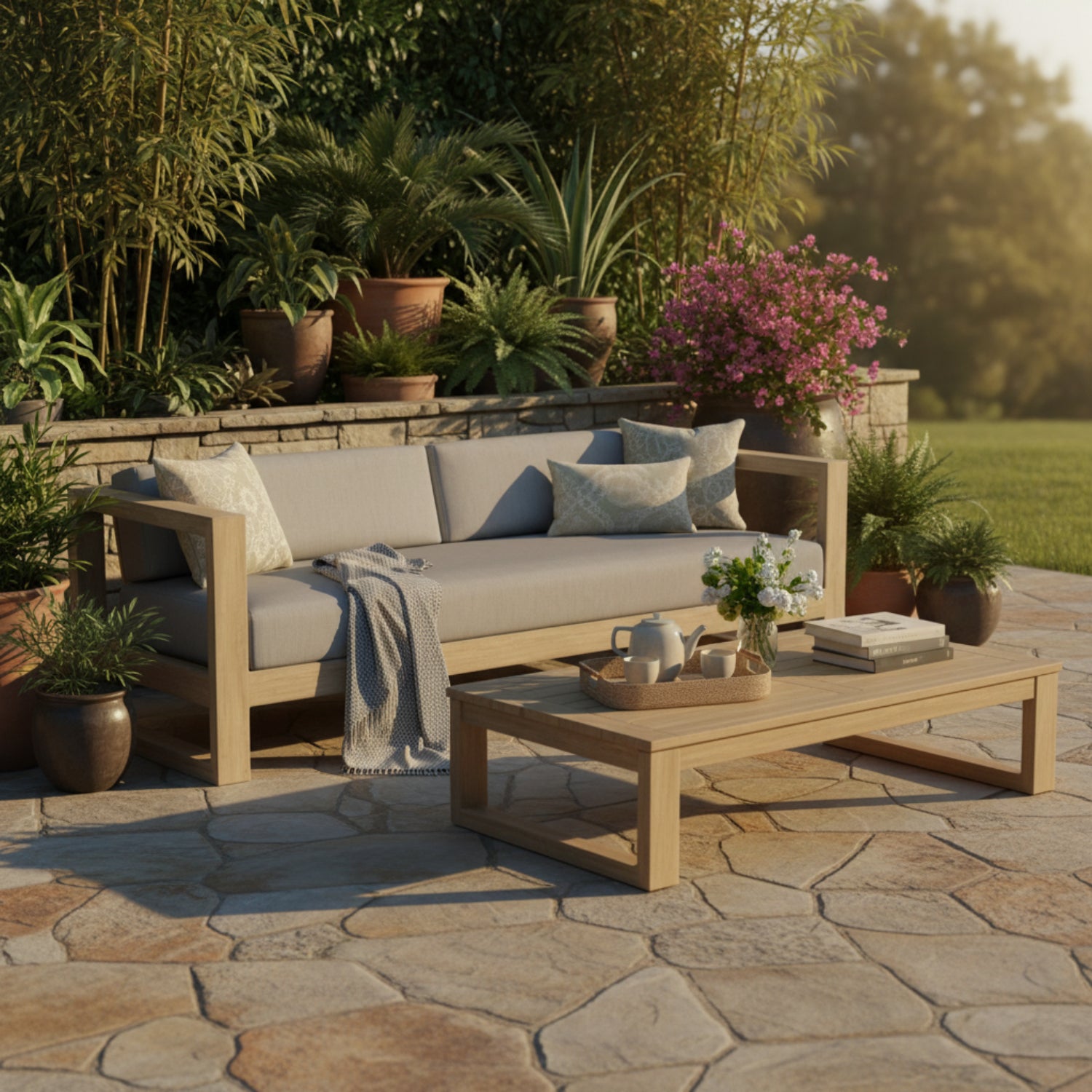 Sunset West Coastal Teak Canvas Granite Outdoor Sofa