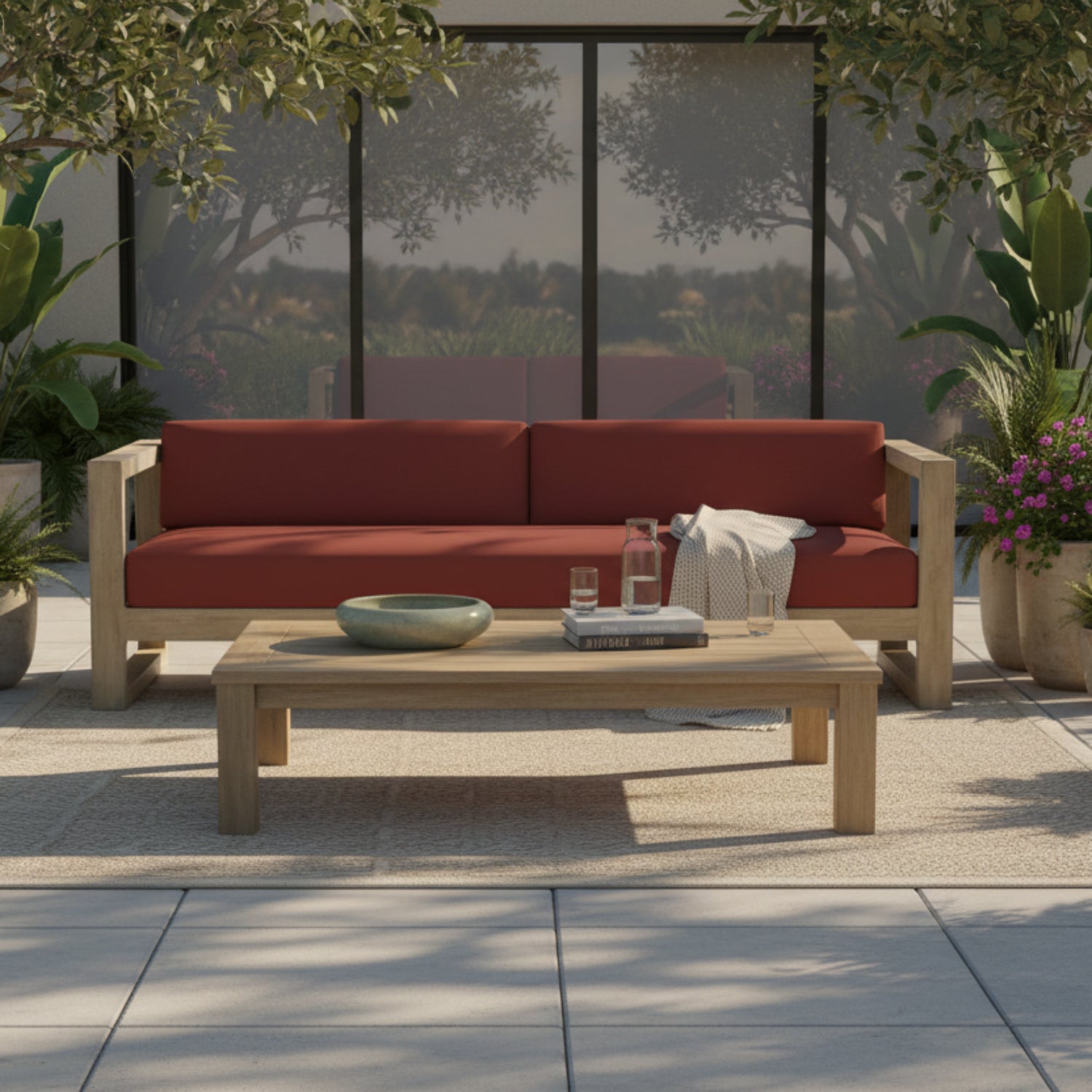 Sunset West Coastal Teak Canvas Henna Outdoor Sofa