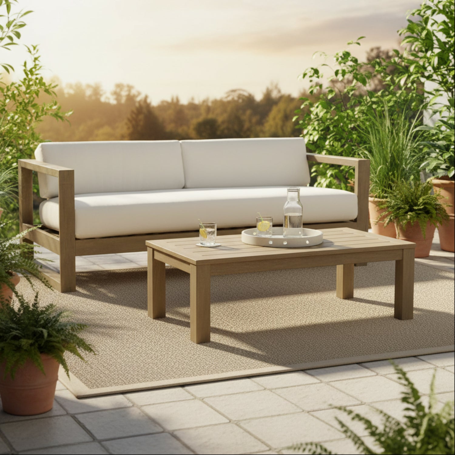 Sunset West Coastal Teak Canvas Outdoor Sofa