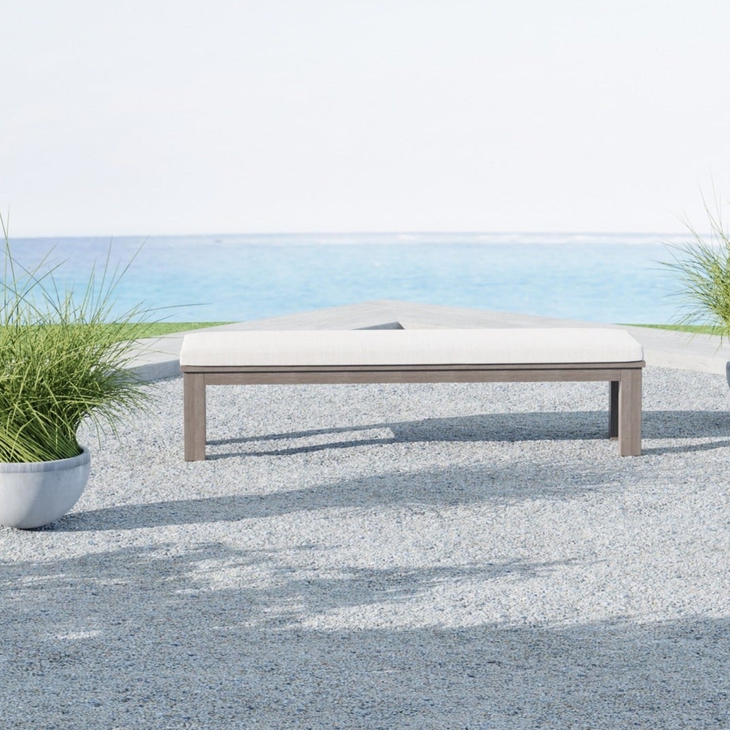 Sunset West Coastal Teak Canvas Outdoor Dining Bench
