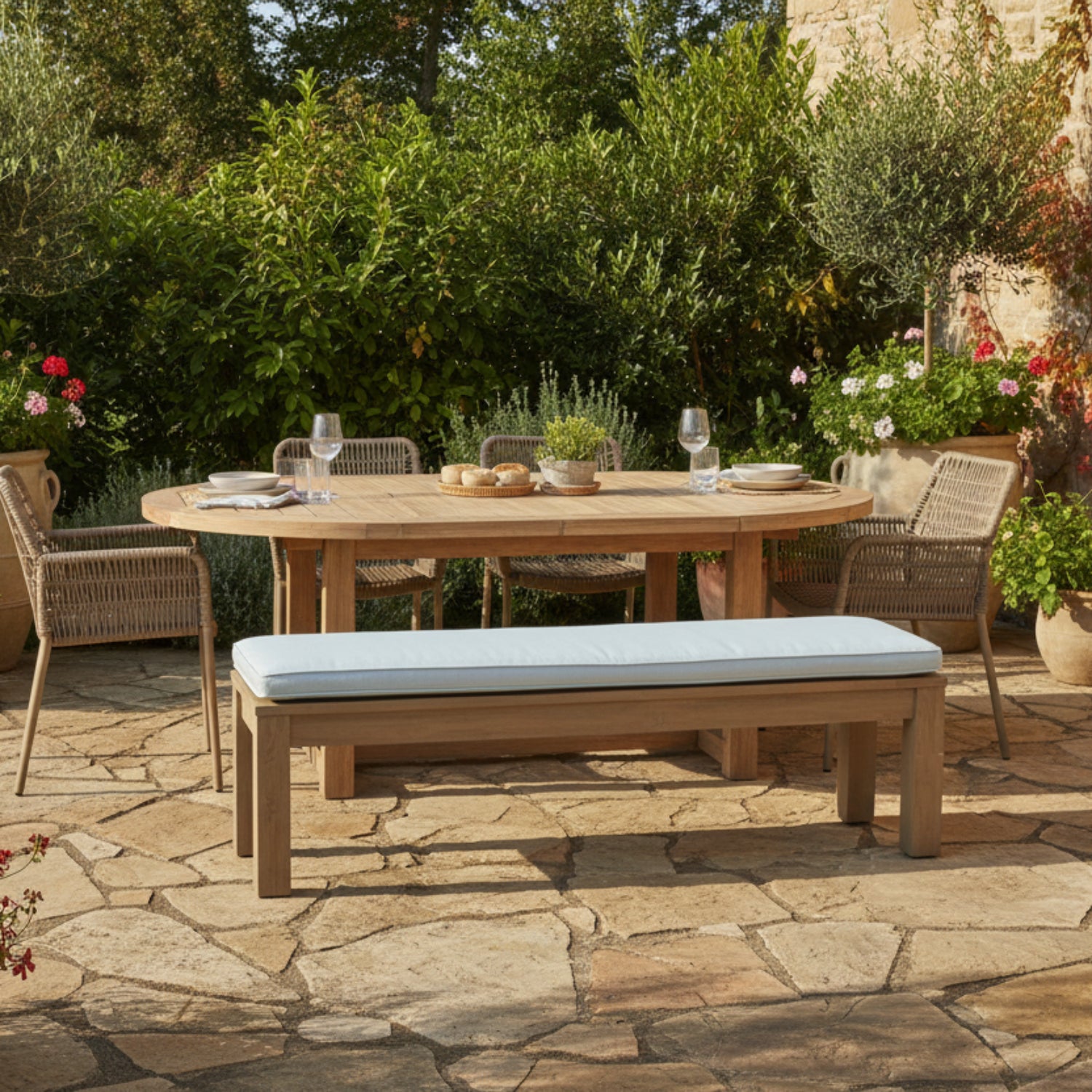 Sunset West Coastal Teak Canvas SkylineOutdoor Dining Bench