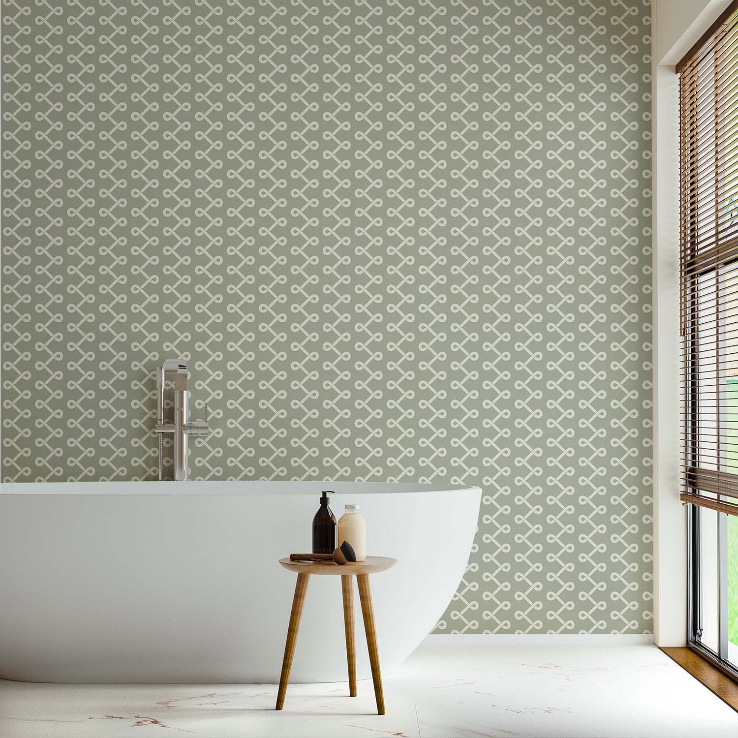 Soft Knot designer wallpaper in Shell Tint styled in a powder room