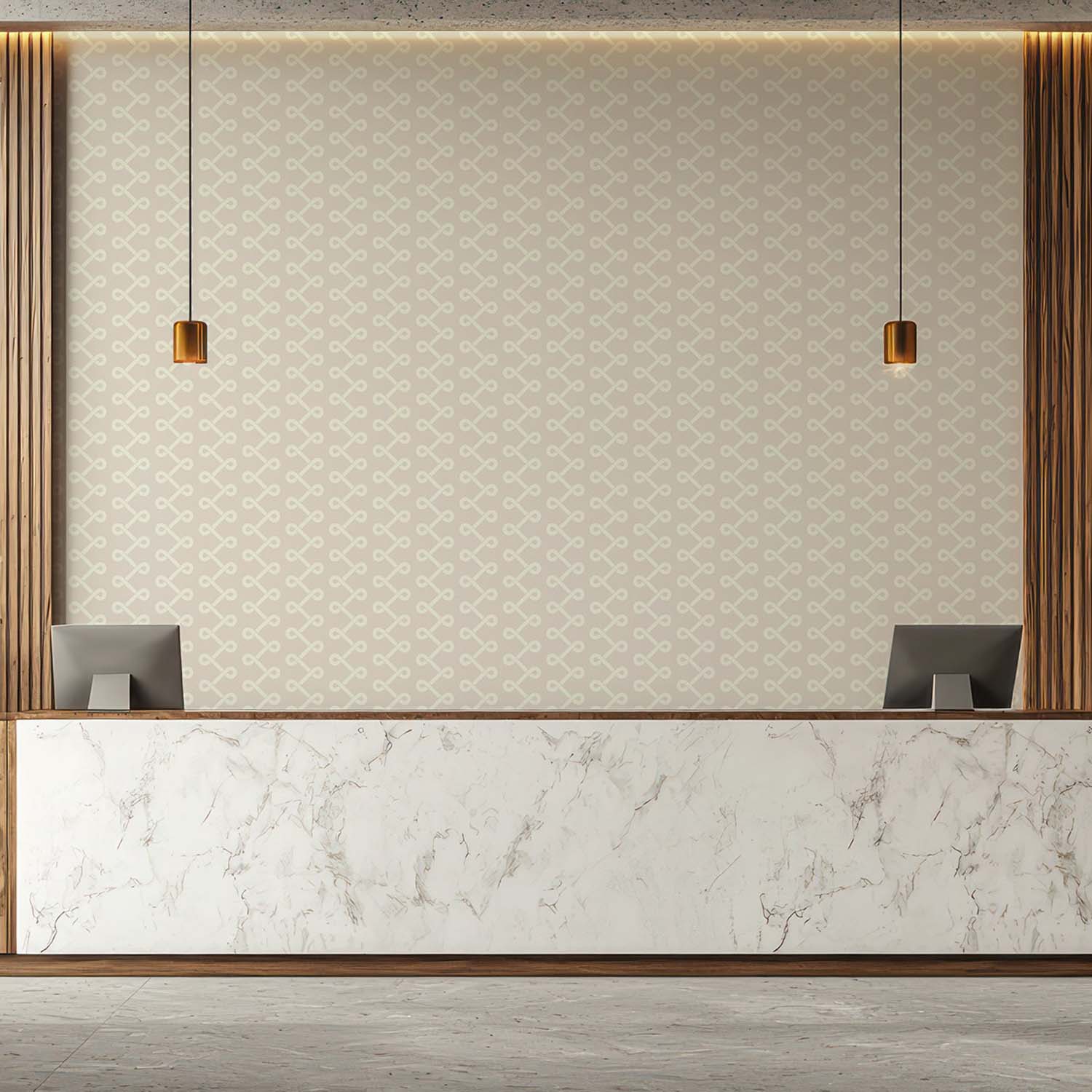 Soft Knot designer wallpaper in Walnut styled in a stair hall