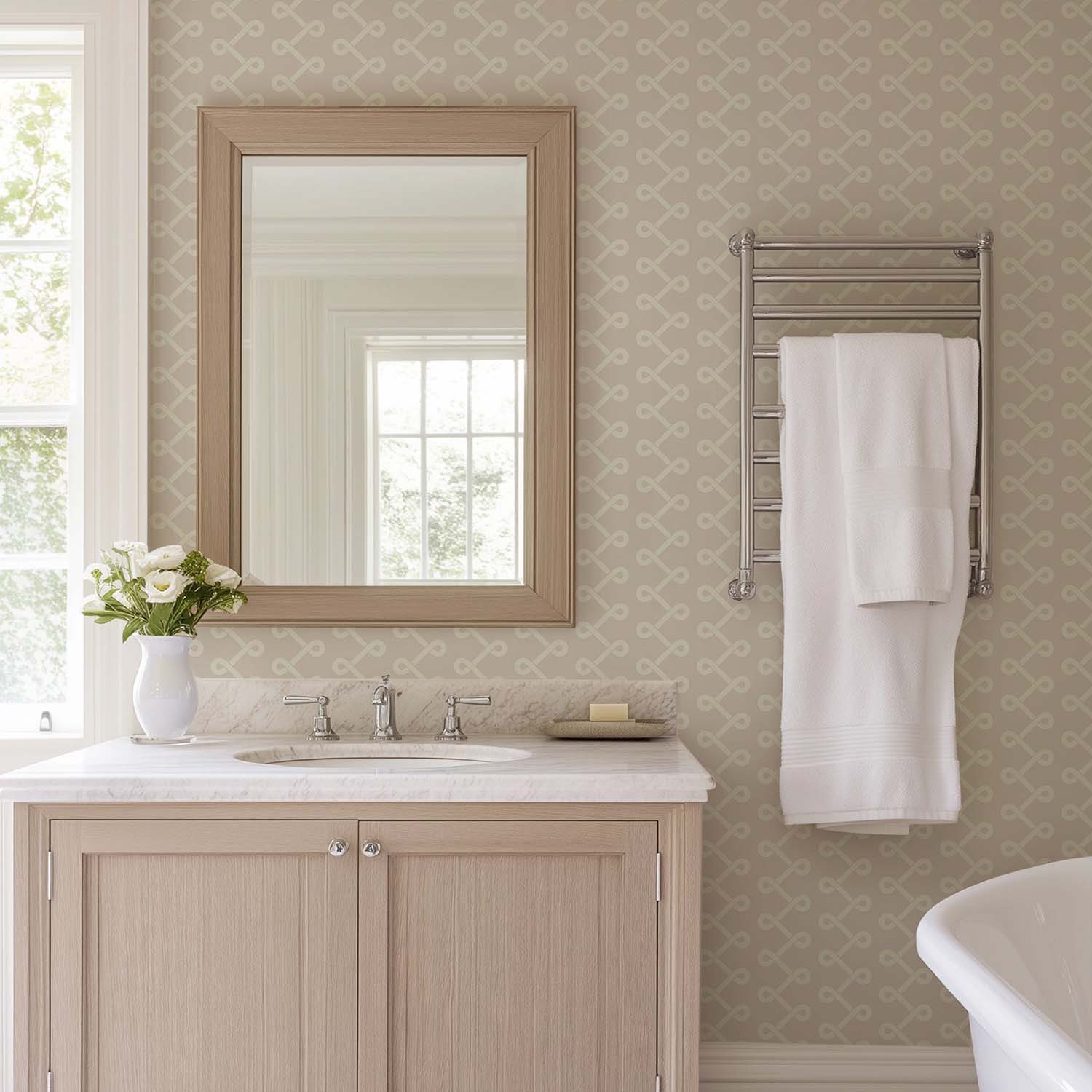 Soft Knot designer wallpaper in Eucalyptus styled in a sunlit kitchen