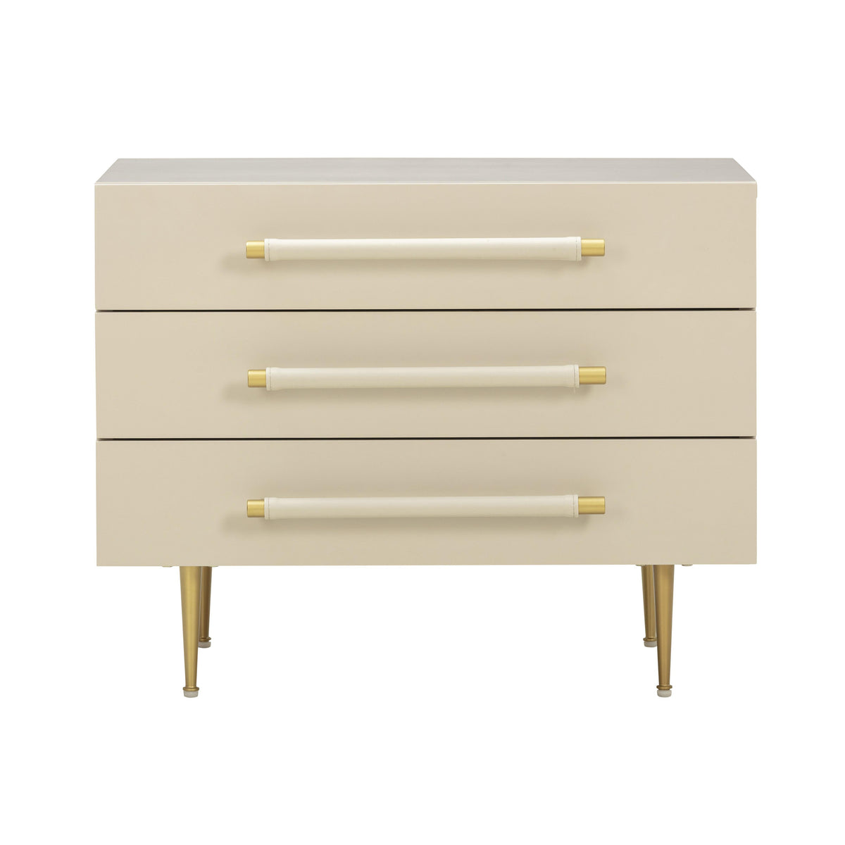 TOV Furniture Trident 28 inch 3-Drawer Nightstand in taupe acacia with brass accents, primary product view