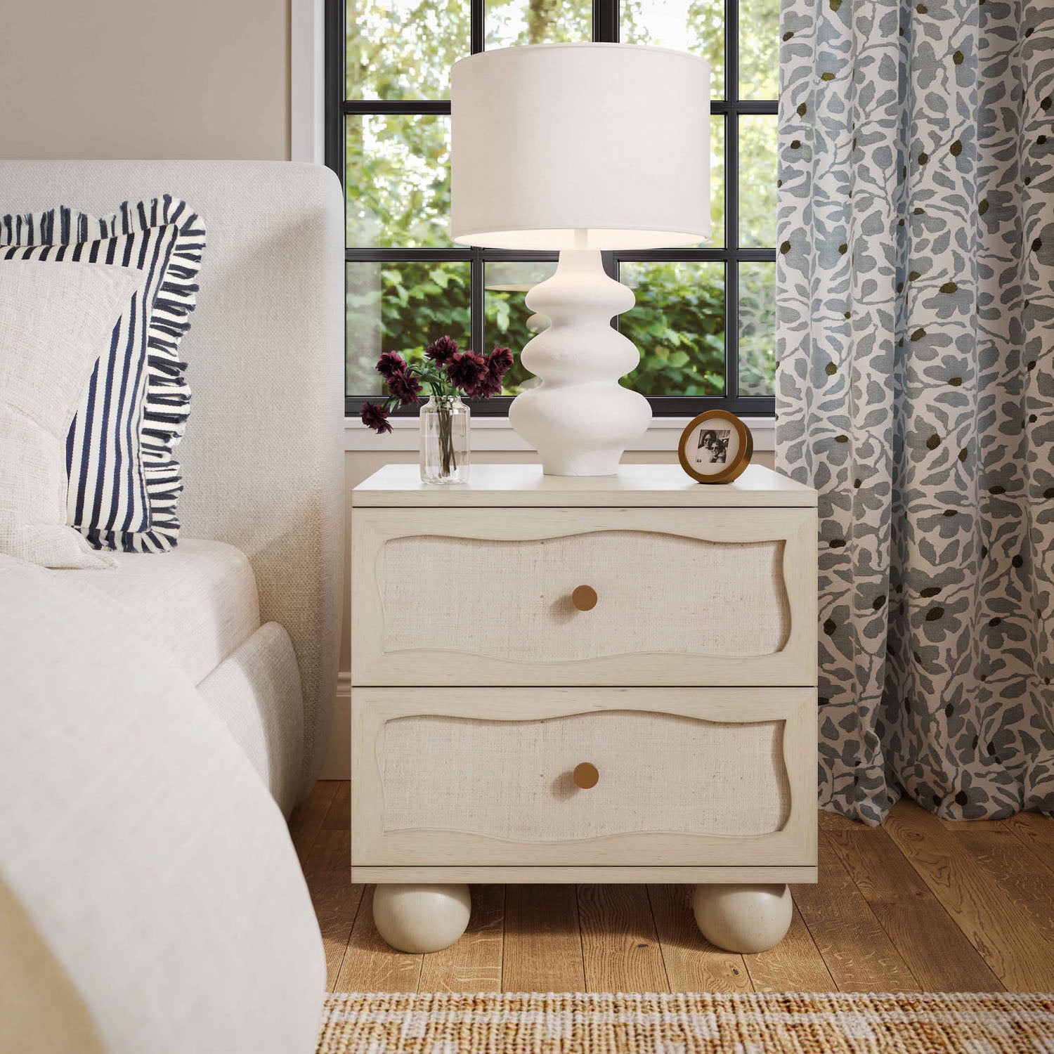 TOV Furniture Grappa Whitewashed Wood & Raffia Wavy Nightstand