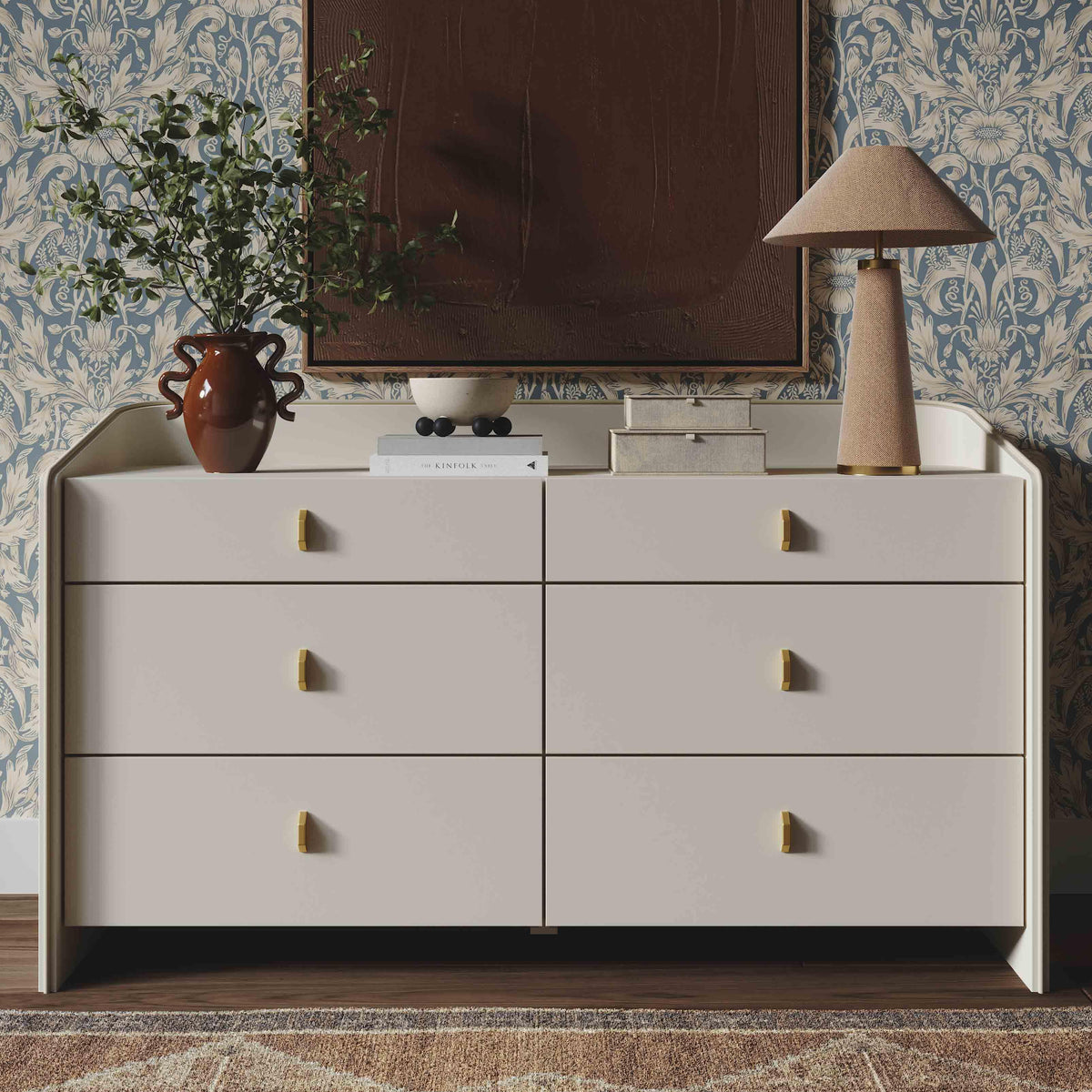 TOV Furniture Collins Cream 6-Drawer Dresser in cream lacquer with gold hardware, primary product view
