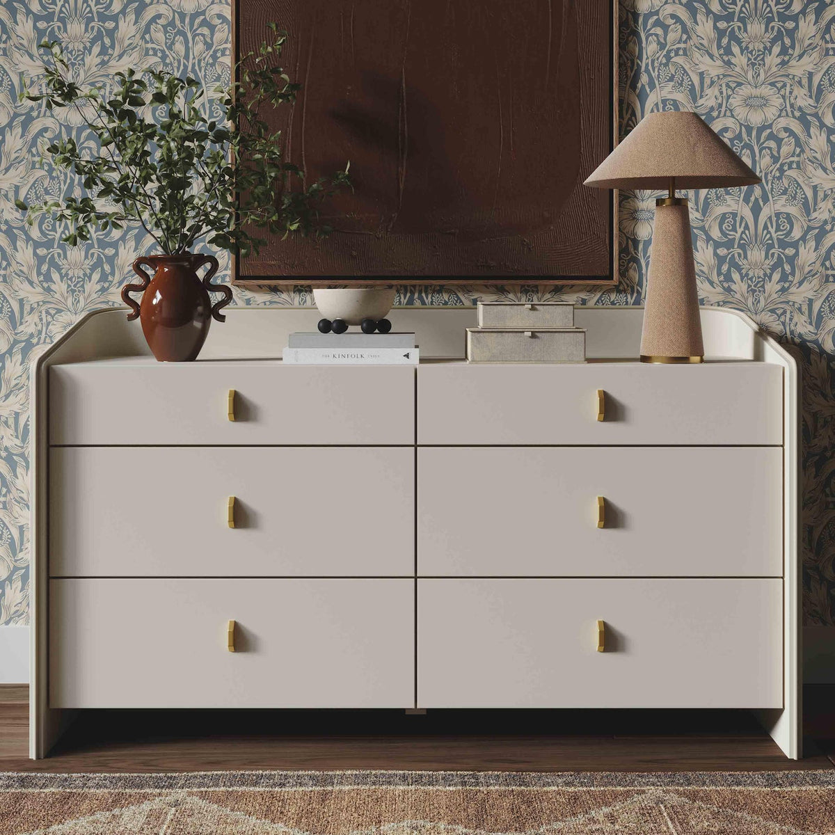 TOV Furniture Collins Cream 6-Drawer Dresser in cream lacquer with gold hardware, primary product view