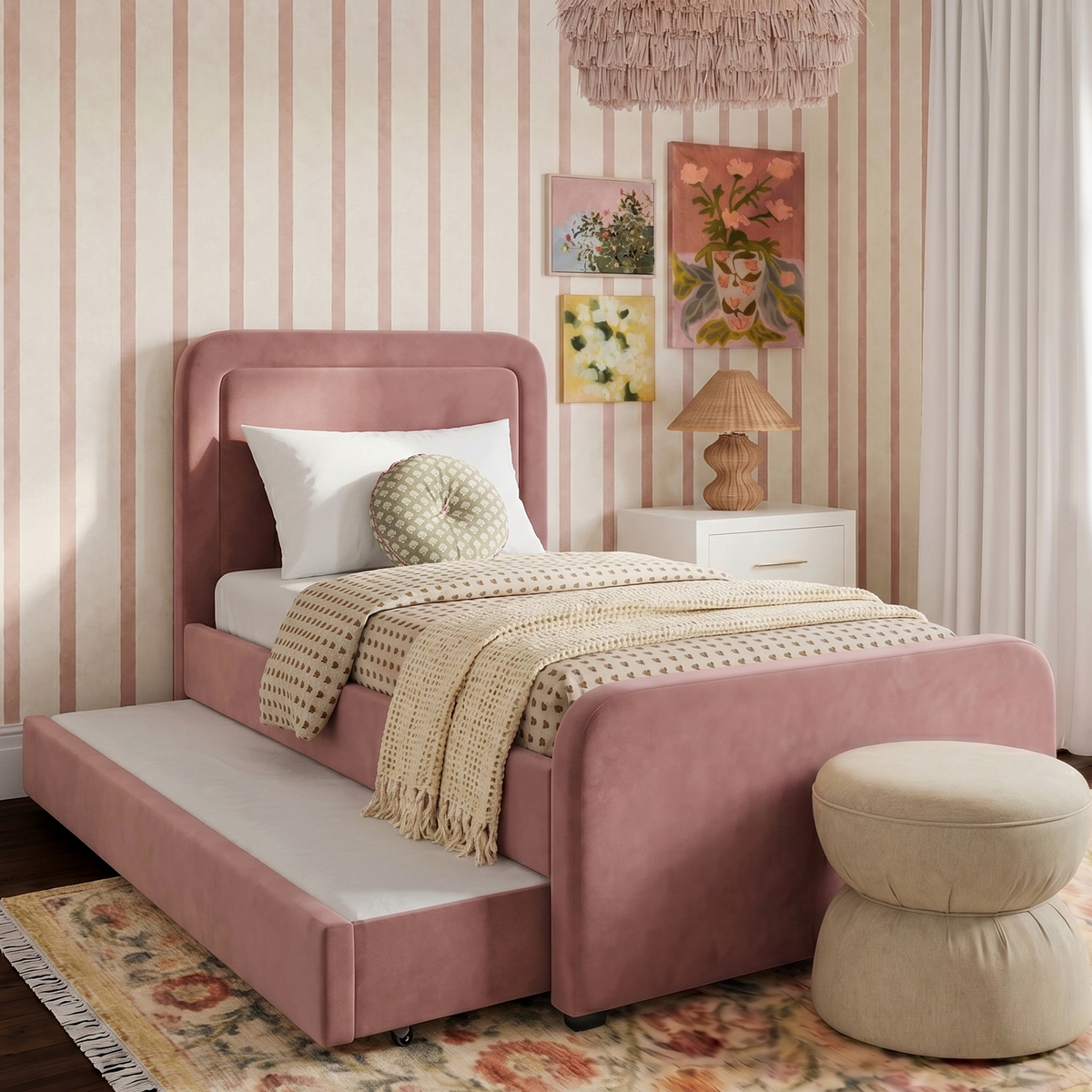 TOV Furniture Briella Salmon Performance Velvet Twin Trundle Bed in salmon performance velvet over wood, primary product view