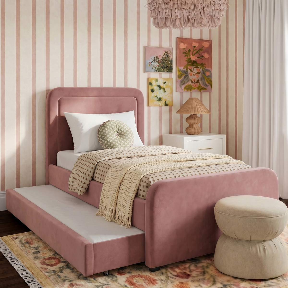 TOV Furniture Briella Salmon Performance Velvet Twin Trundle Bed in salmon performance velvet over wood, primary product view