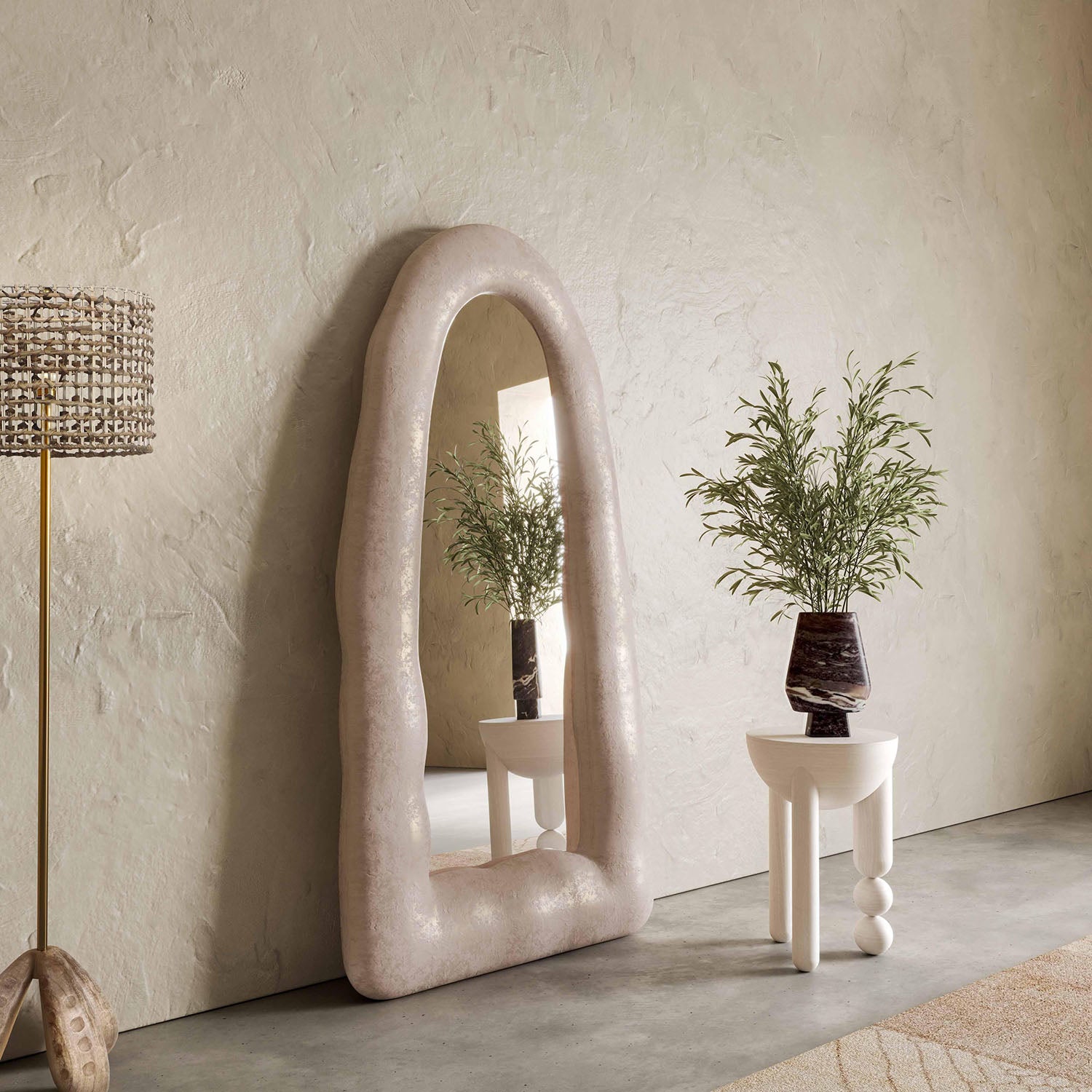 TOV Furniture Kaia Cream Textured Small Floor Mirror