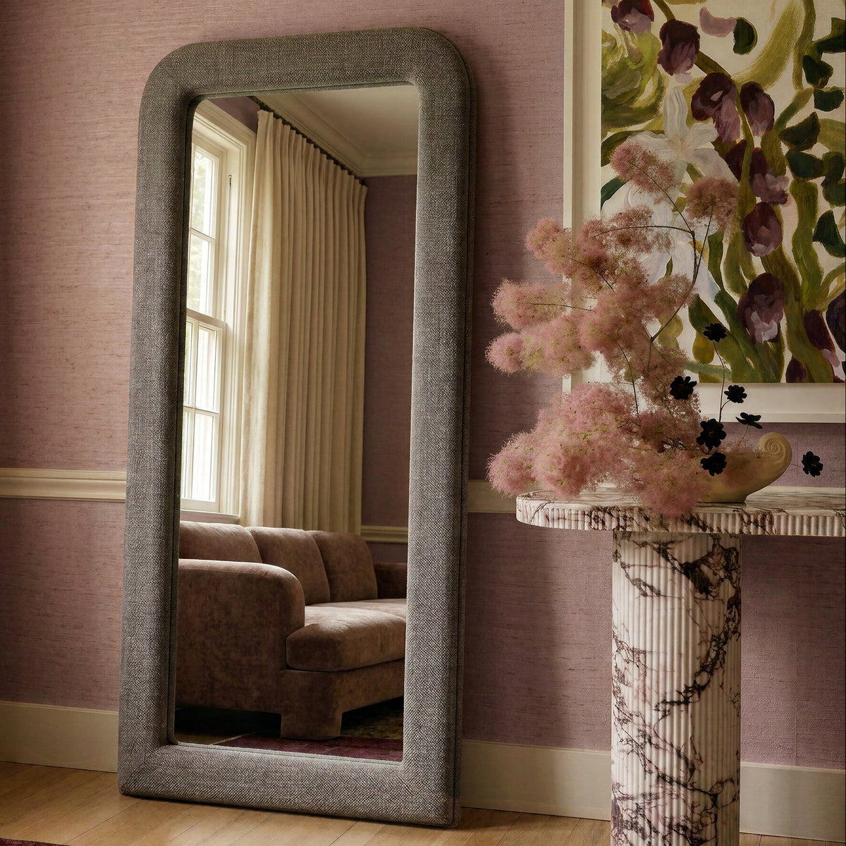 TOV Furniture Heidi Espresso Upholstered Oversized Floor Mirror in espresso fabric-wrapped frame, primary product view