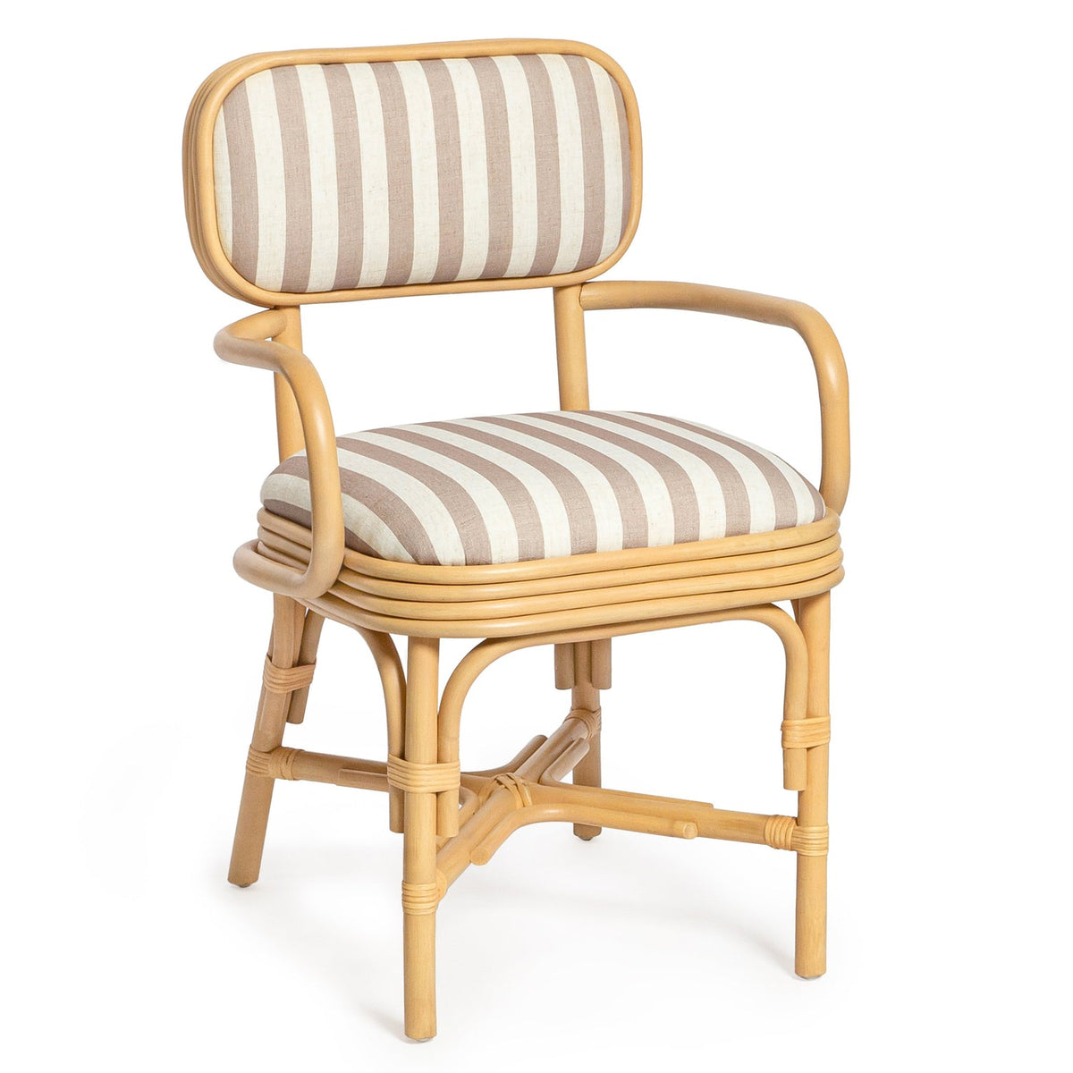 TOV Furniture Dorine Khaki Striped Performance Linen Rattan Dining Armchair in khaki linen and rattan, primary product view