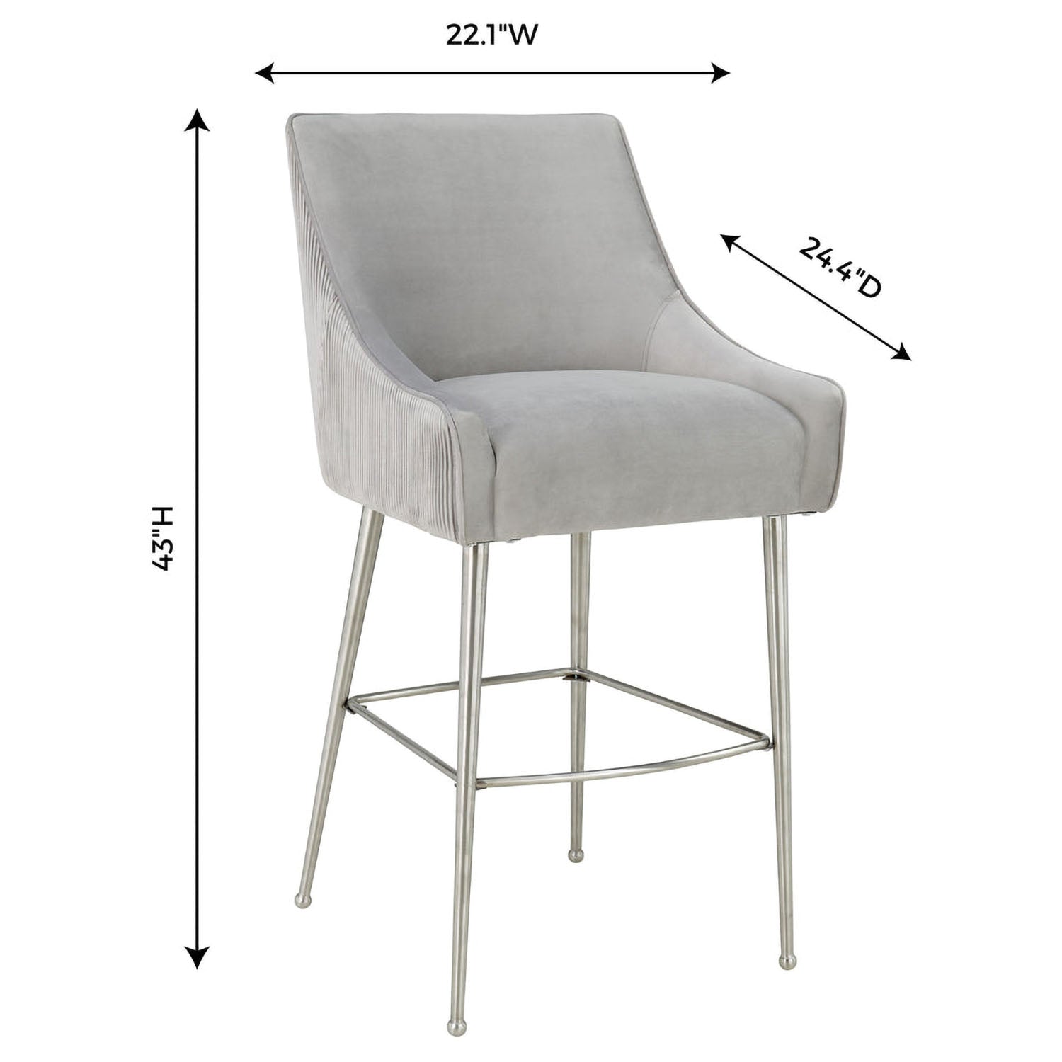 TOV Furniture Beatrix Pleated Light Grey Velvet Bar Stool