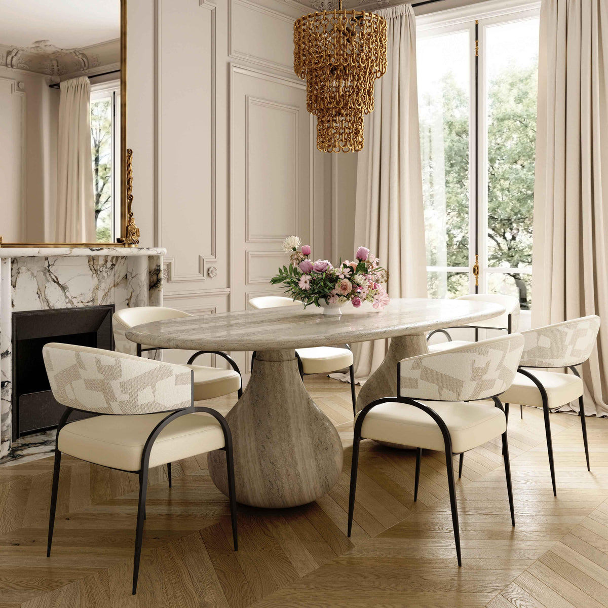 TOV Furniture Tatum Cream 2-Tone Performance Vegan Leather and Jacquard Dining Chair