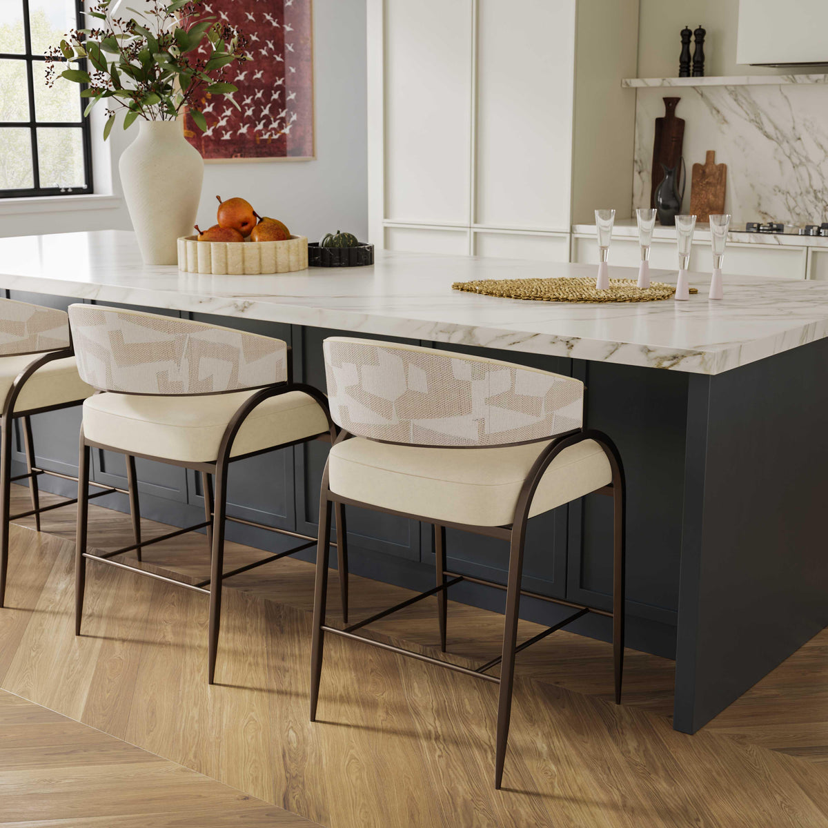 TOV Furniture Tatum Cream 2-Tone Performance Vegan Leather and Jacquard Counter Stool