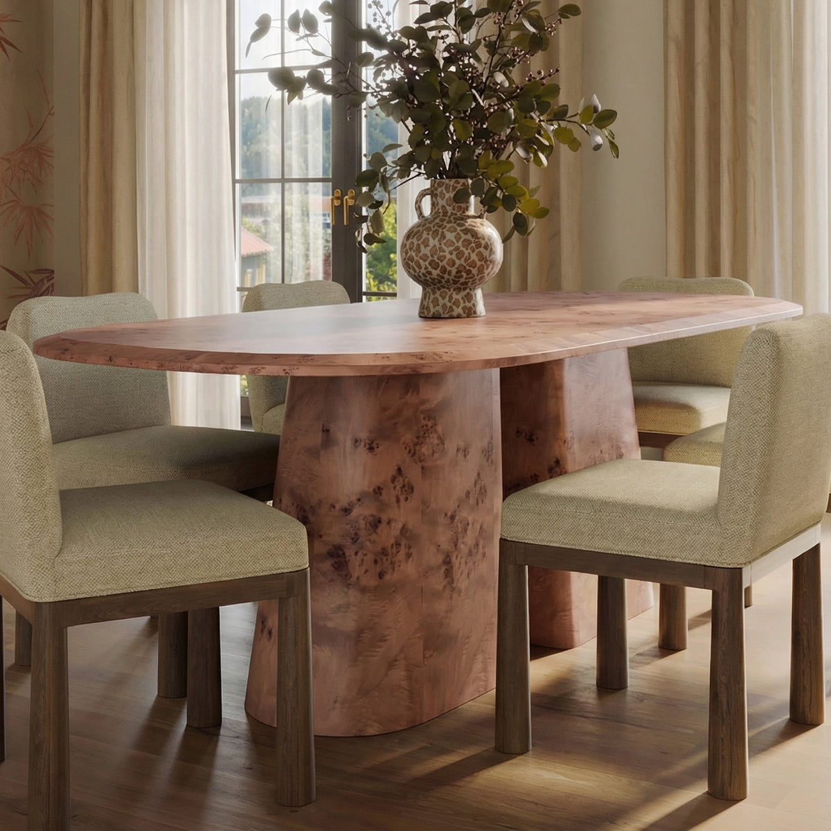 TOV Furniture Gladyss Burl 87in Oval Dining Table in honey burl veneer, primary product view