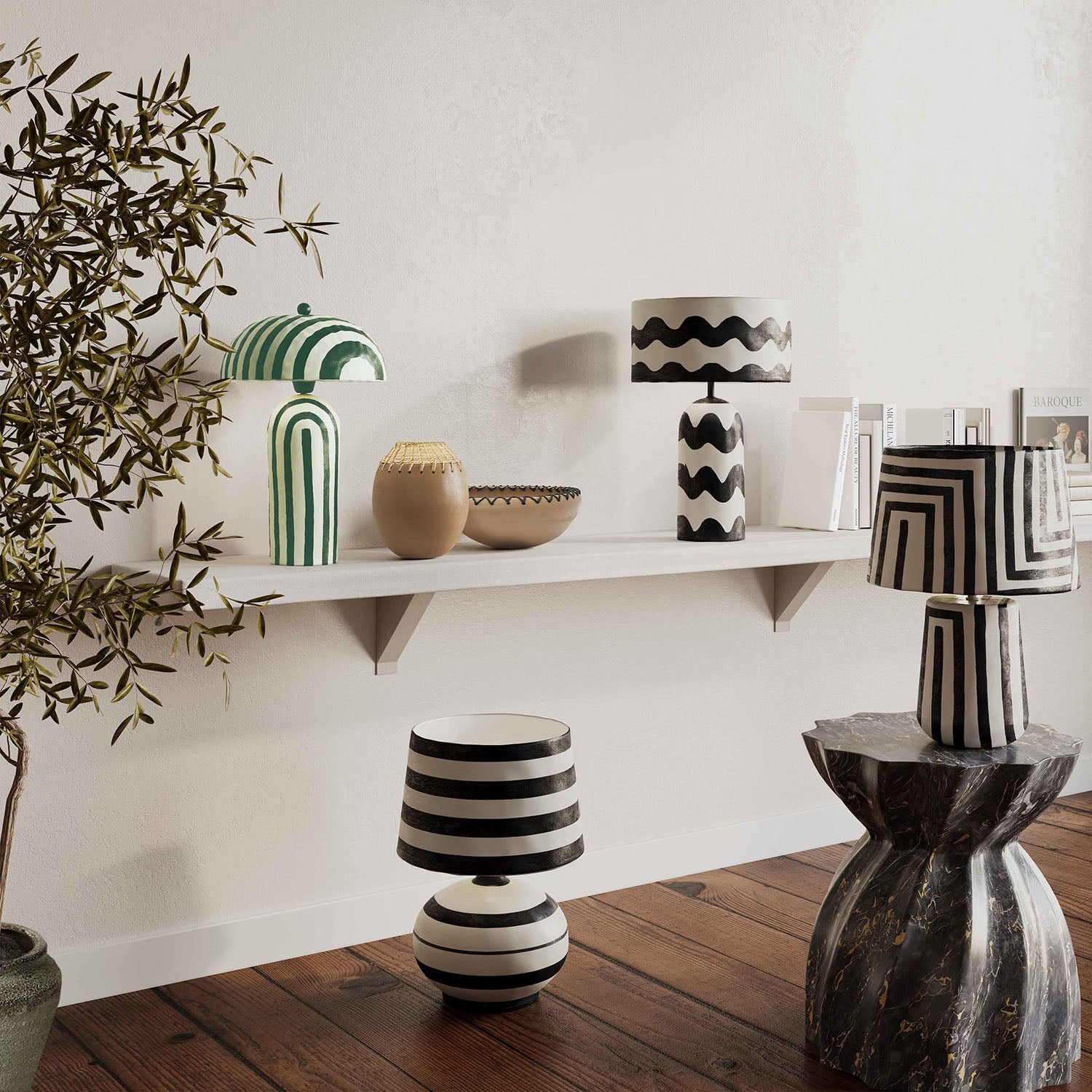 TOV Furniture Maiori Dark Green Striped Papier Mache Table Lamp