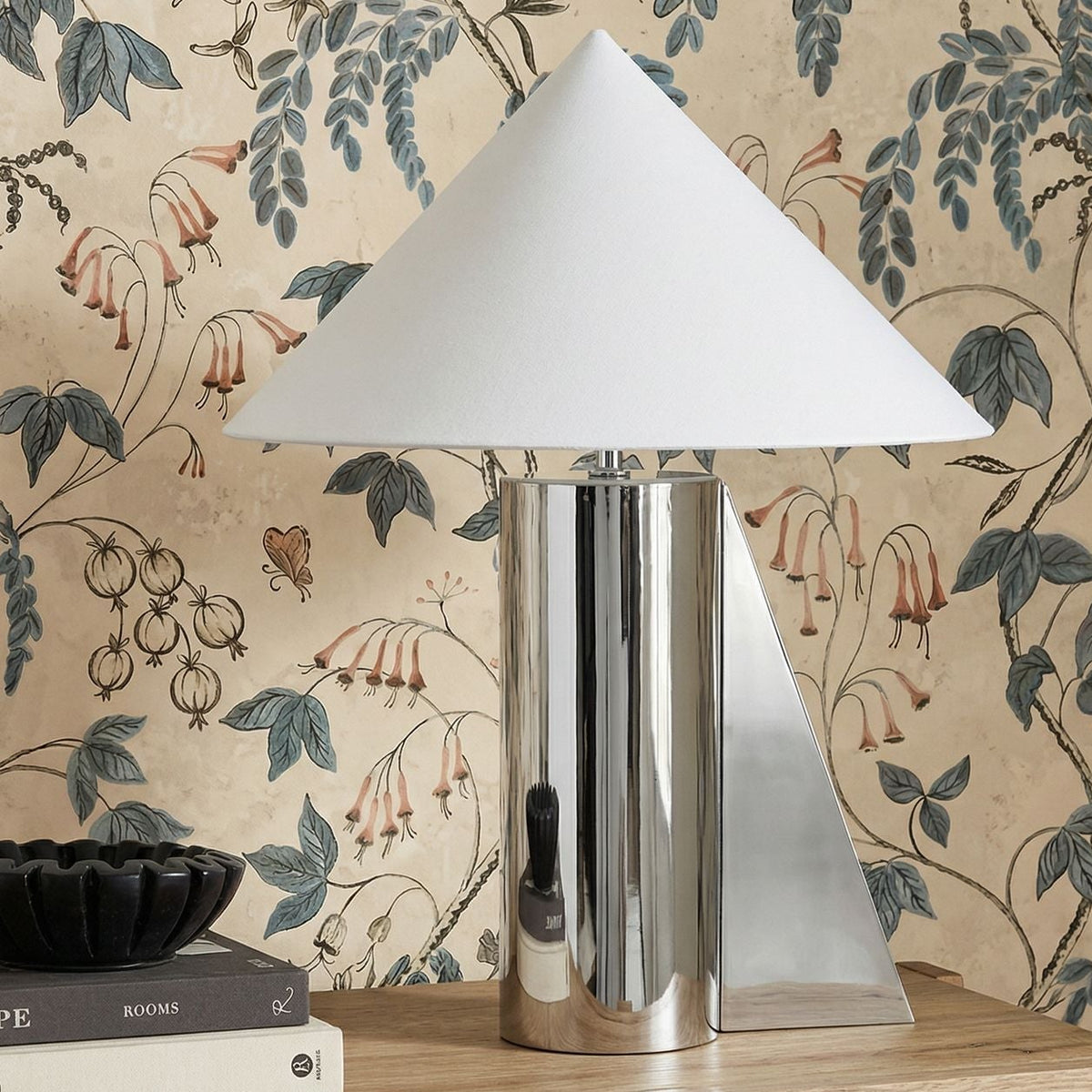 TOV Furniture Geo Angled Chrome Table Lamp in chrome finish with cotton shade, primary product view