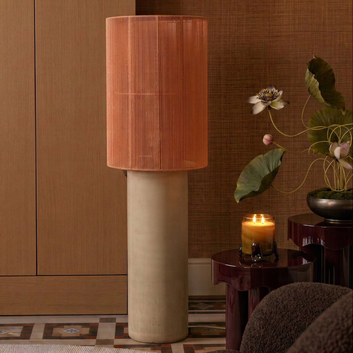 TOV Furniture Mondada Terracotta Concrete Floor Lamp in terracotta concrete with cotton shade, primary product view