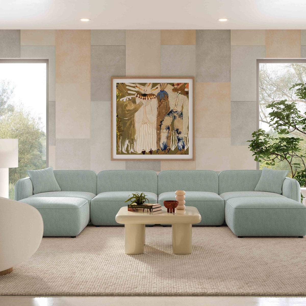TOV Furniture Travie Sea Blue Performance Corduroy Velvet  6-Piece Modular U-Sectional Sofa