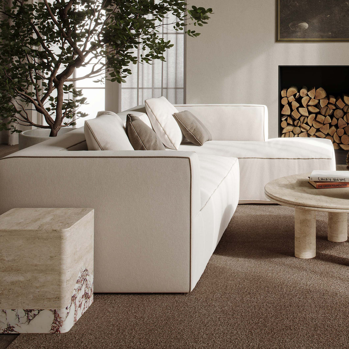 TOV Furniture Tristine Cream Linen L-Shaped 2-Piece Sectional Sofa