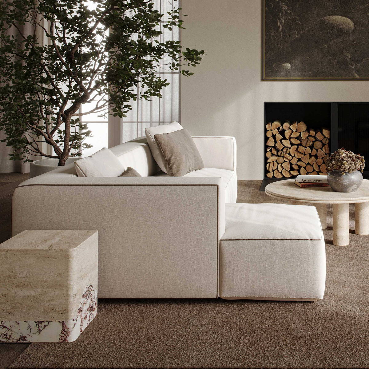TOV Furniture Tristine Cream Linen L-Shaped 2-Piece Sectional Sofa