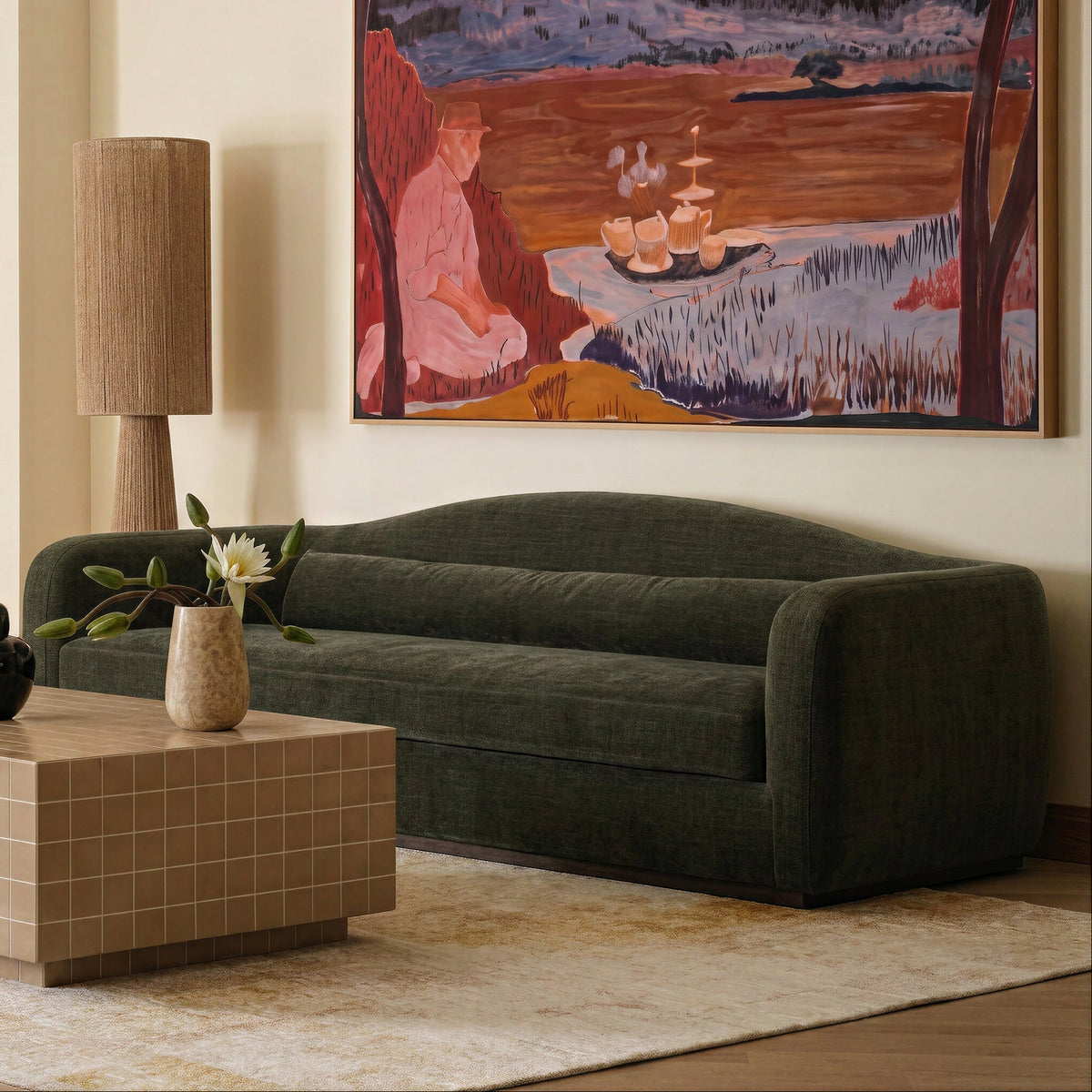 TOV Furniture Camille Green 99in Sofa in green performance chenille on a plinth base, primary product view