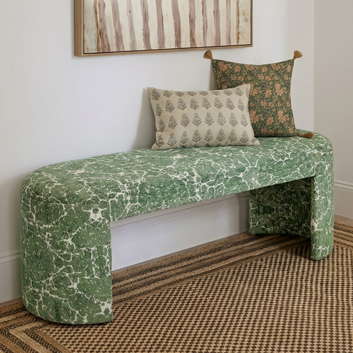 TOV Furniture Greenspace 39" Rounded Upholstered Bench in green printed cotton, primary product view