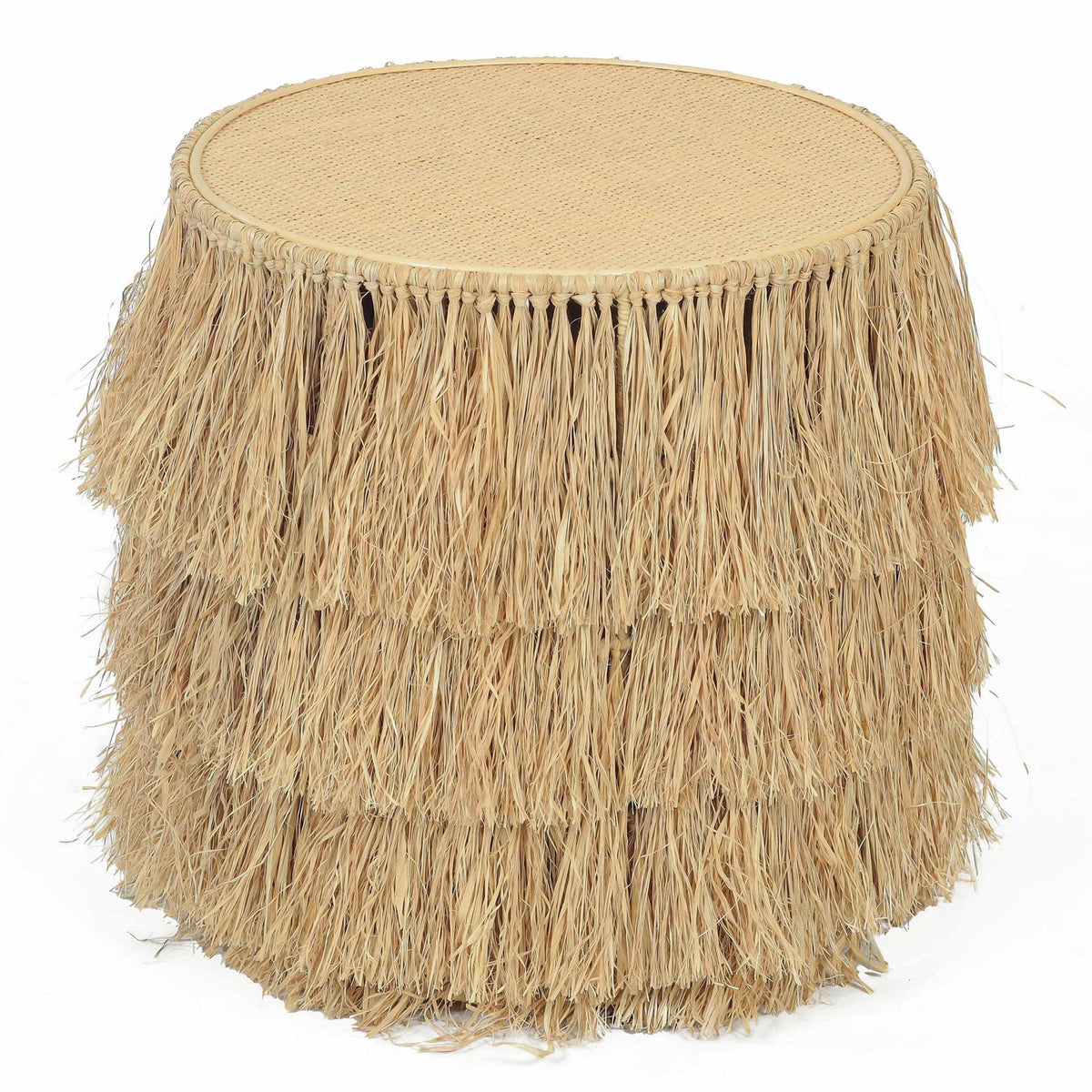 TOV Furniture Luau Natural Rattan Round End Table in natural fringed rattan, primary product view