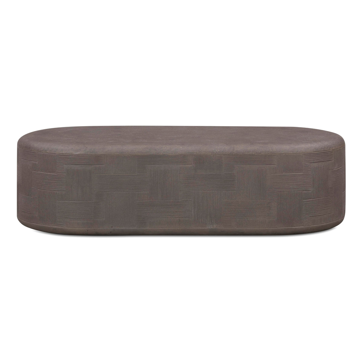 TOV Furniture Suraya 55" Indoor/Outdoor Concrete Rounded Coffee Table in dark umber crosshatch concrete, primary product view