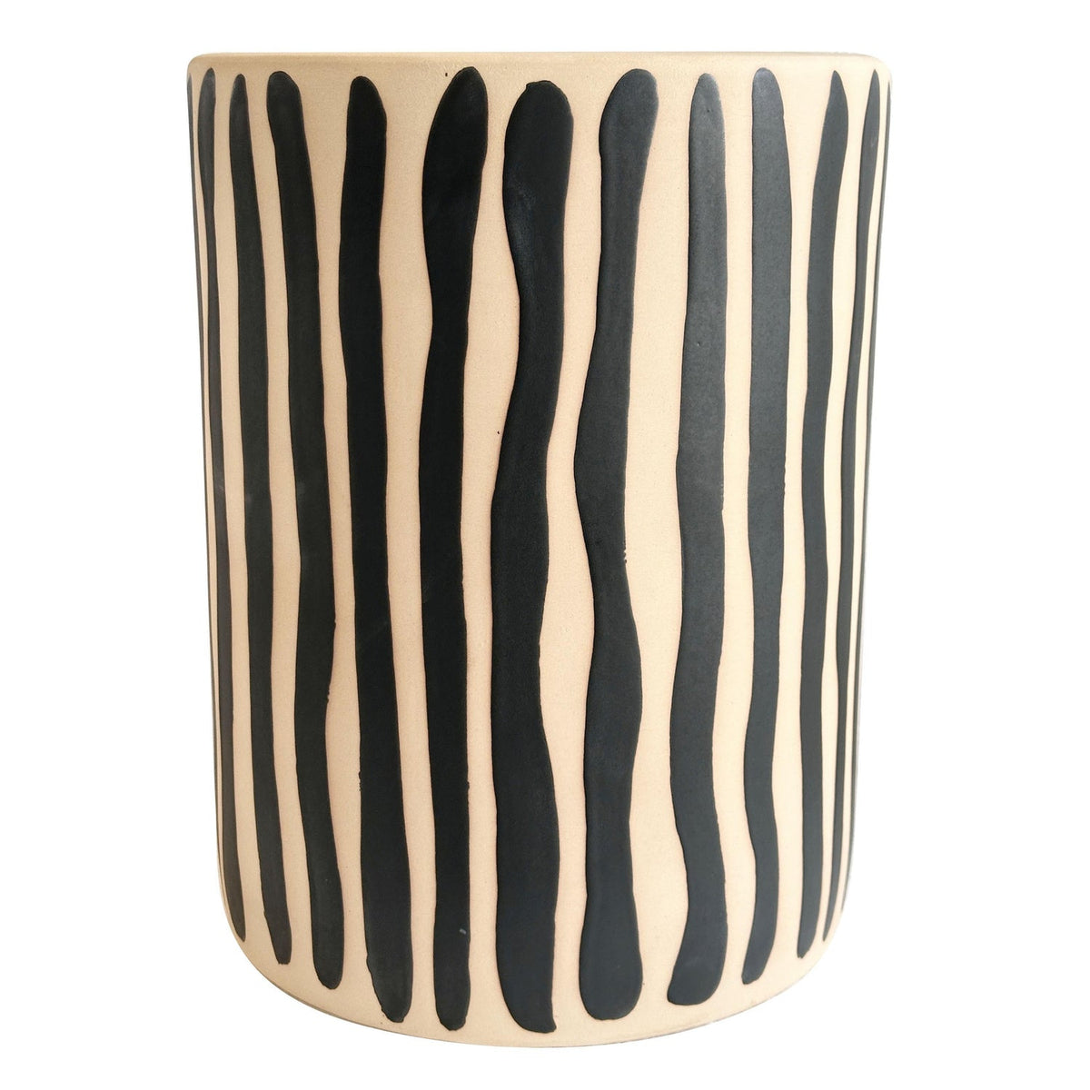 TOV Furniture Tempest Indoor/Outdoor Ceramic Table in Stripes in black-striped hand-painted ceramic, primary product view