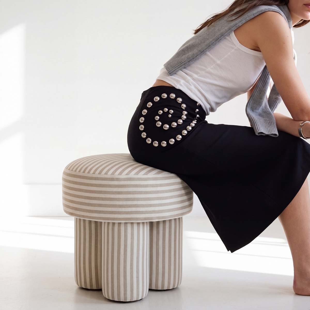 TOV Furniture Masha Khaki Striped Performance Linen Accent Stool