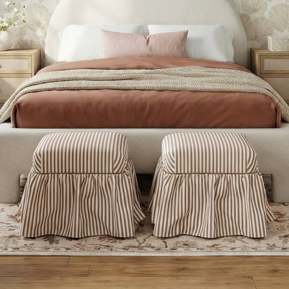 TOV Furniture Gertrude Brown Striped Performance Linen Skirted Ottoman in brown striped linen, primary product view