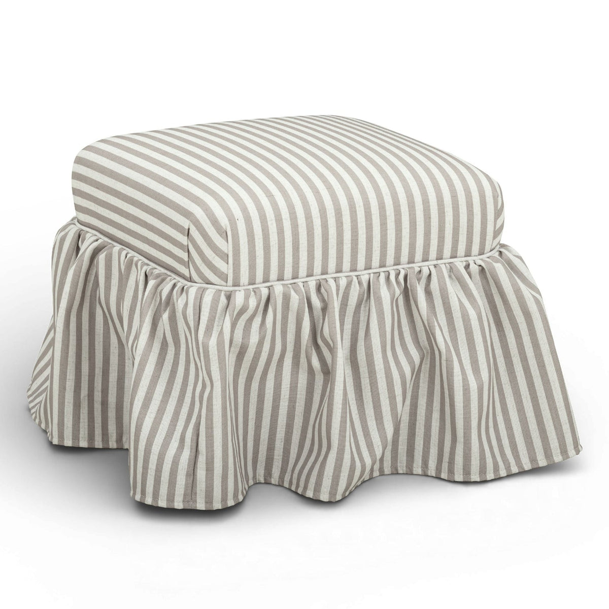 TOV Furniture Gertrude Khaki Striped Performance Linen Skirted Ottoman in khaki striped linen, primary product view