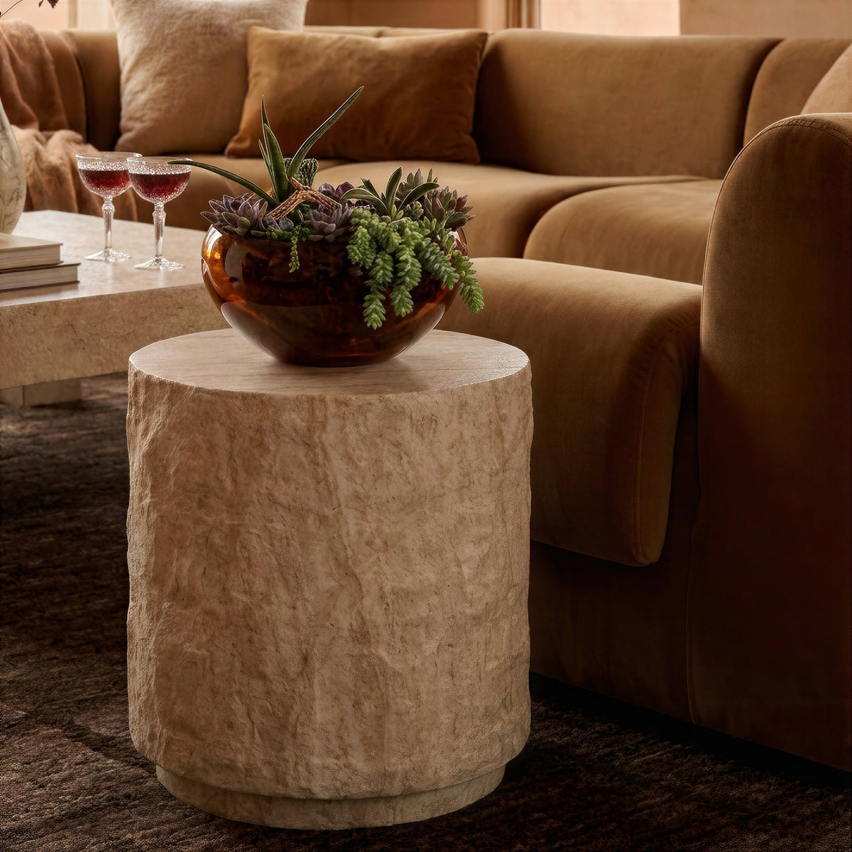 TOV Furniture Roxanne Faux Travertine Concrete Indoor/Outdoor Side Table