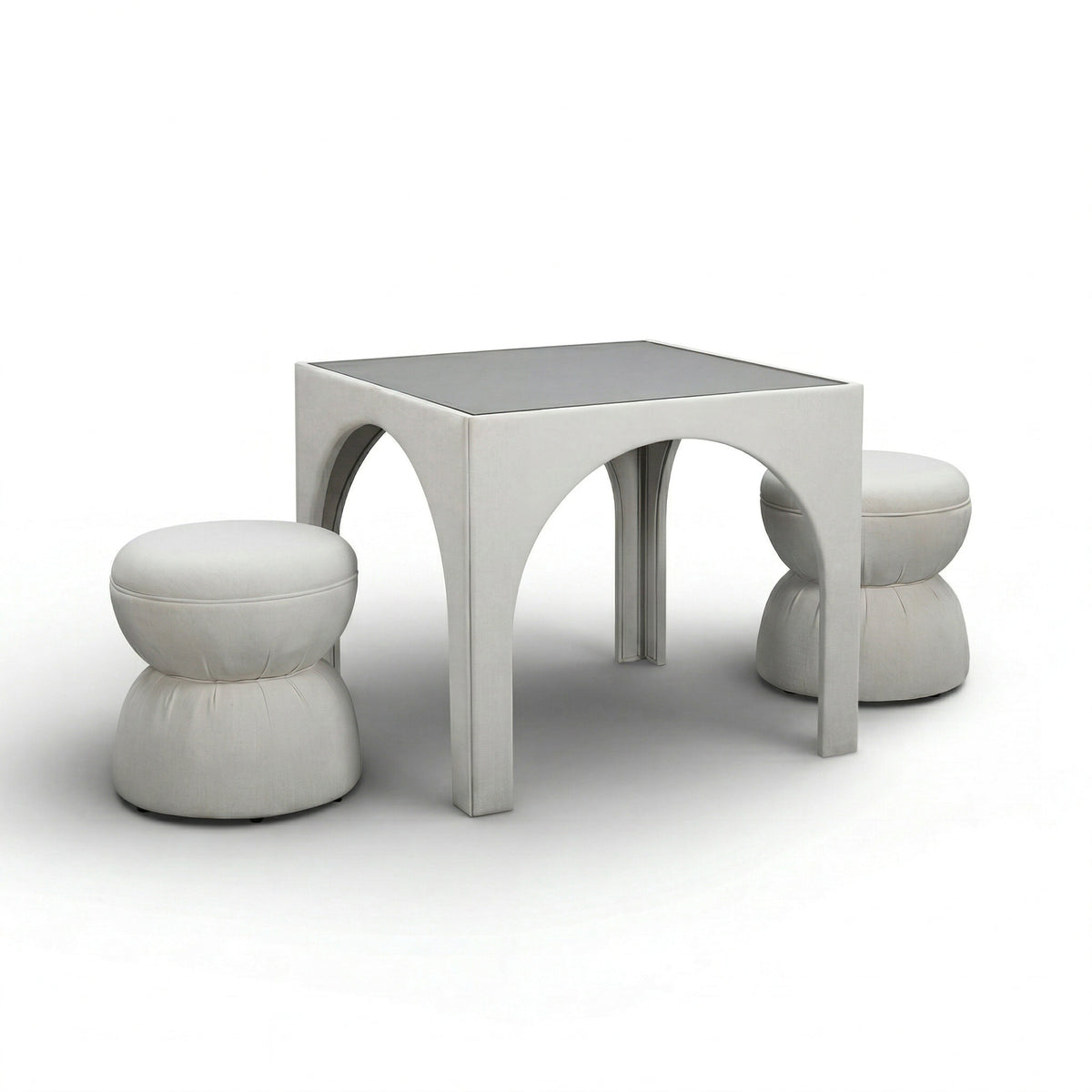 TOV Furniture Tomlin Performance Chenille Game Table and Two Ottomans Set in cream chenille, primary product view